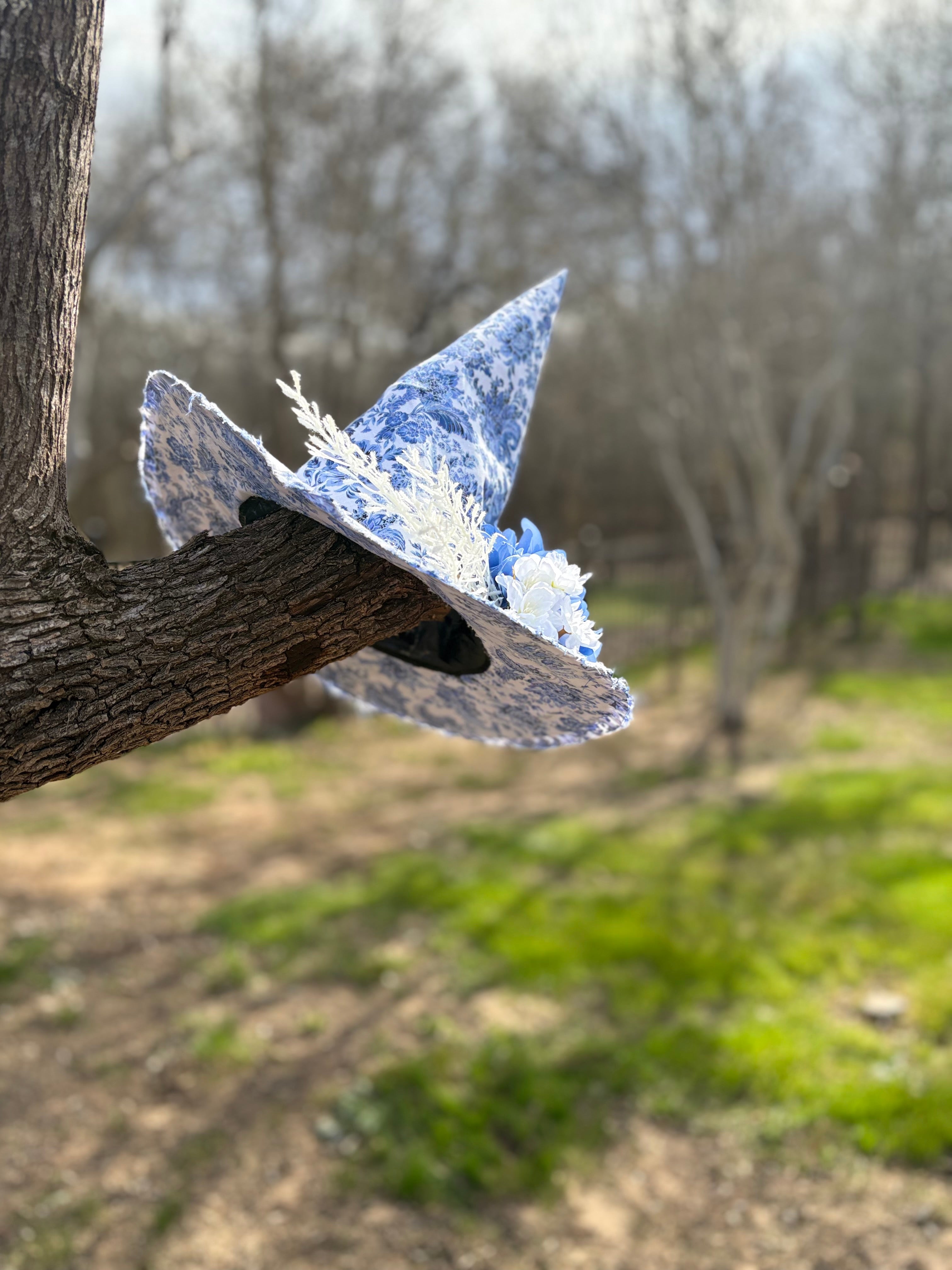 Blue & White Spring Witch Hat – Cottagecore Heirloom Floral Handmade Statement Hat