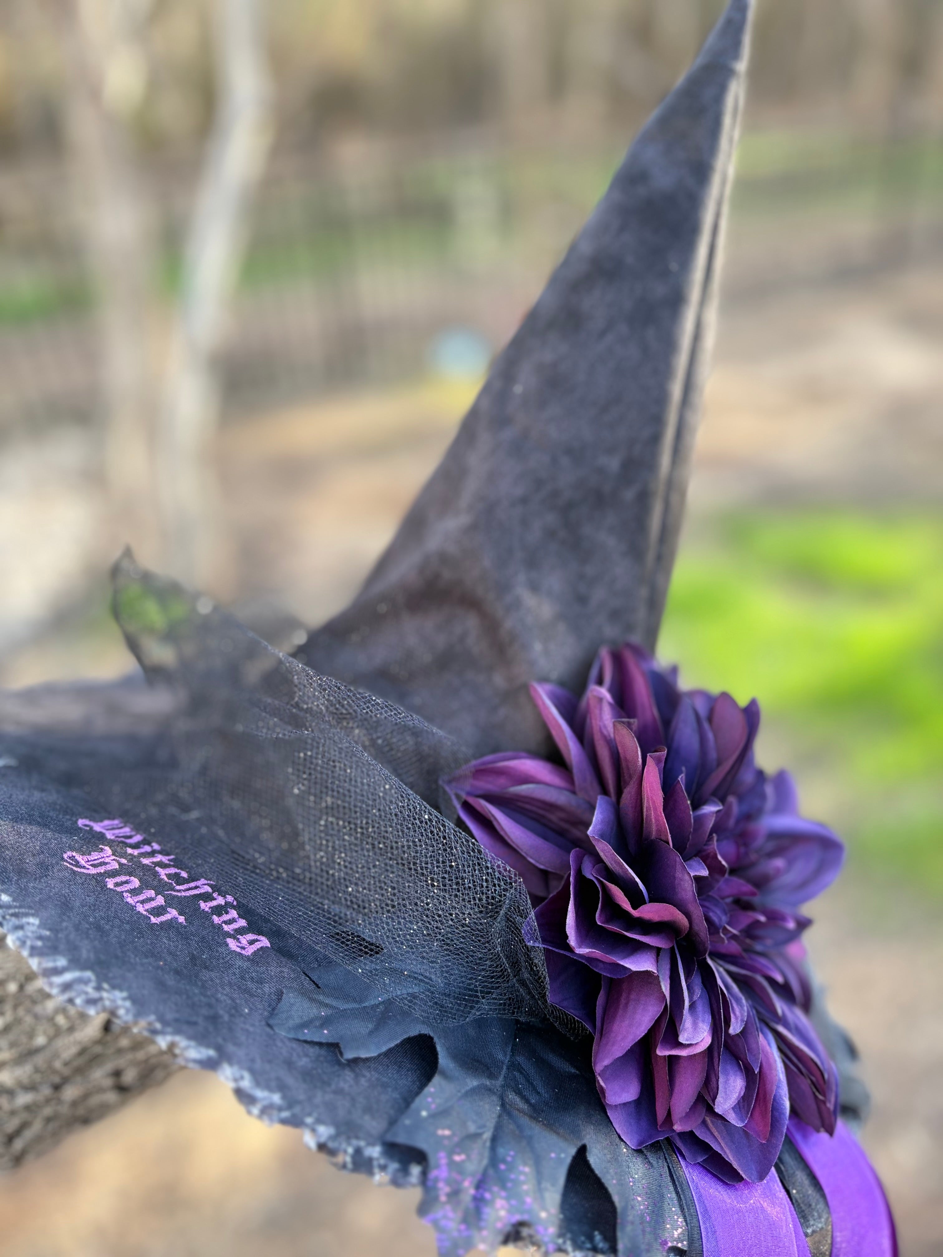 Plum Dahlia Witch Hat – Handmade Gothic Statement Hat for Walks