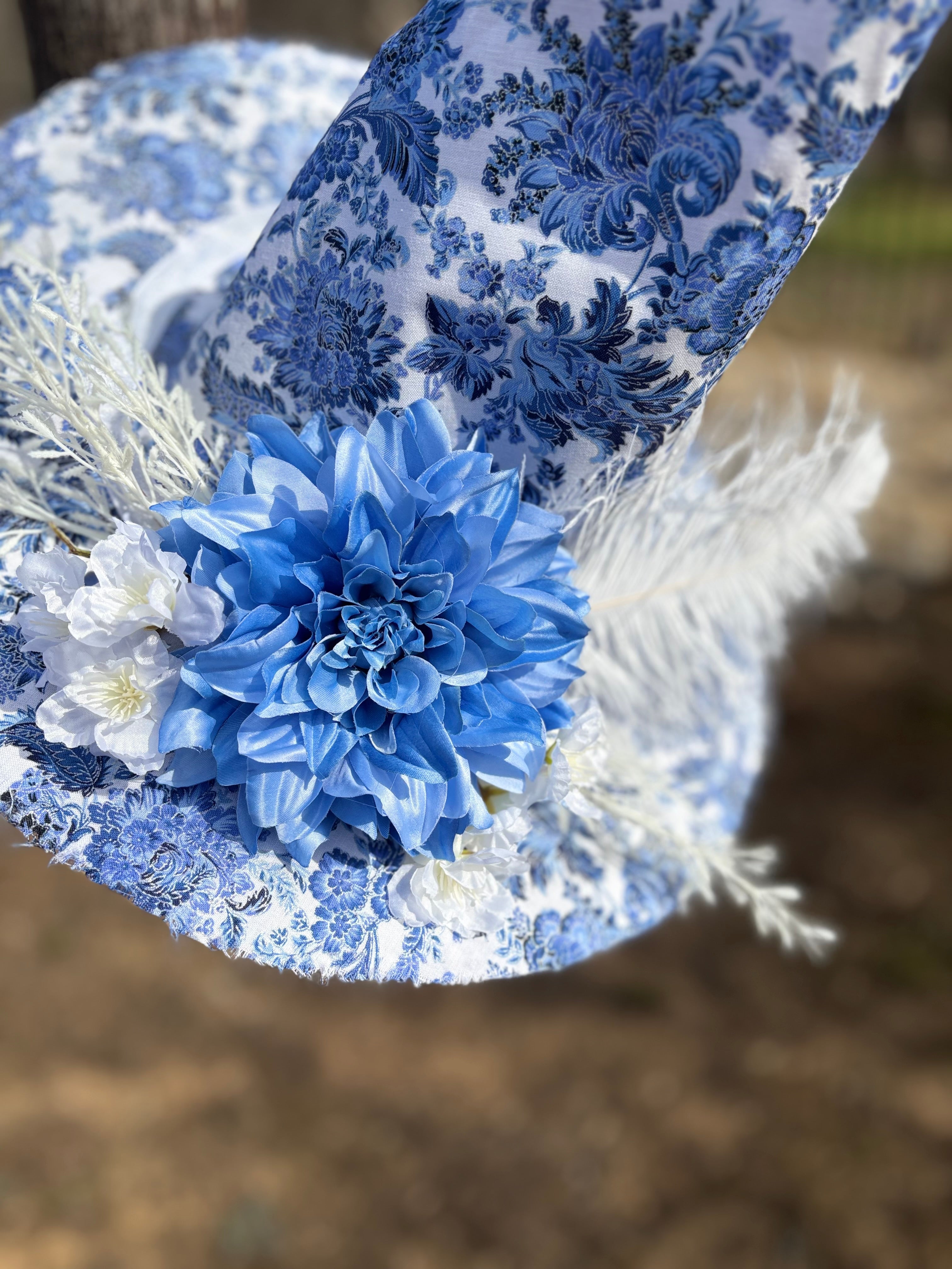 Blue & White Spring Witch Hat – Cottagecore Heirloom Floral Handmade Statement Hat