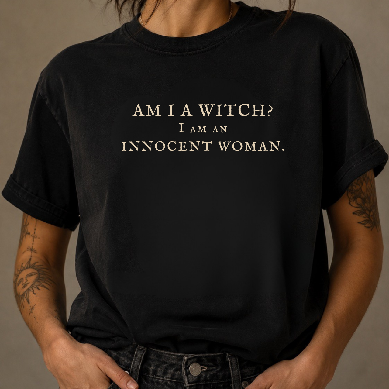 Am I a Witch? I Am an Innocent Woman | British Witch Tee – Moonspell Hollow™