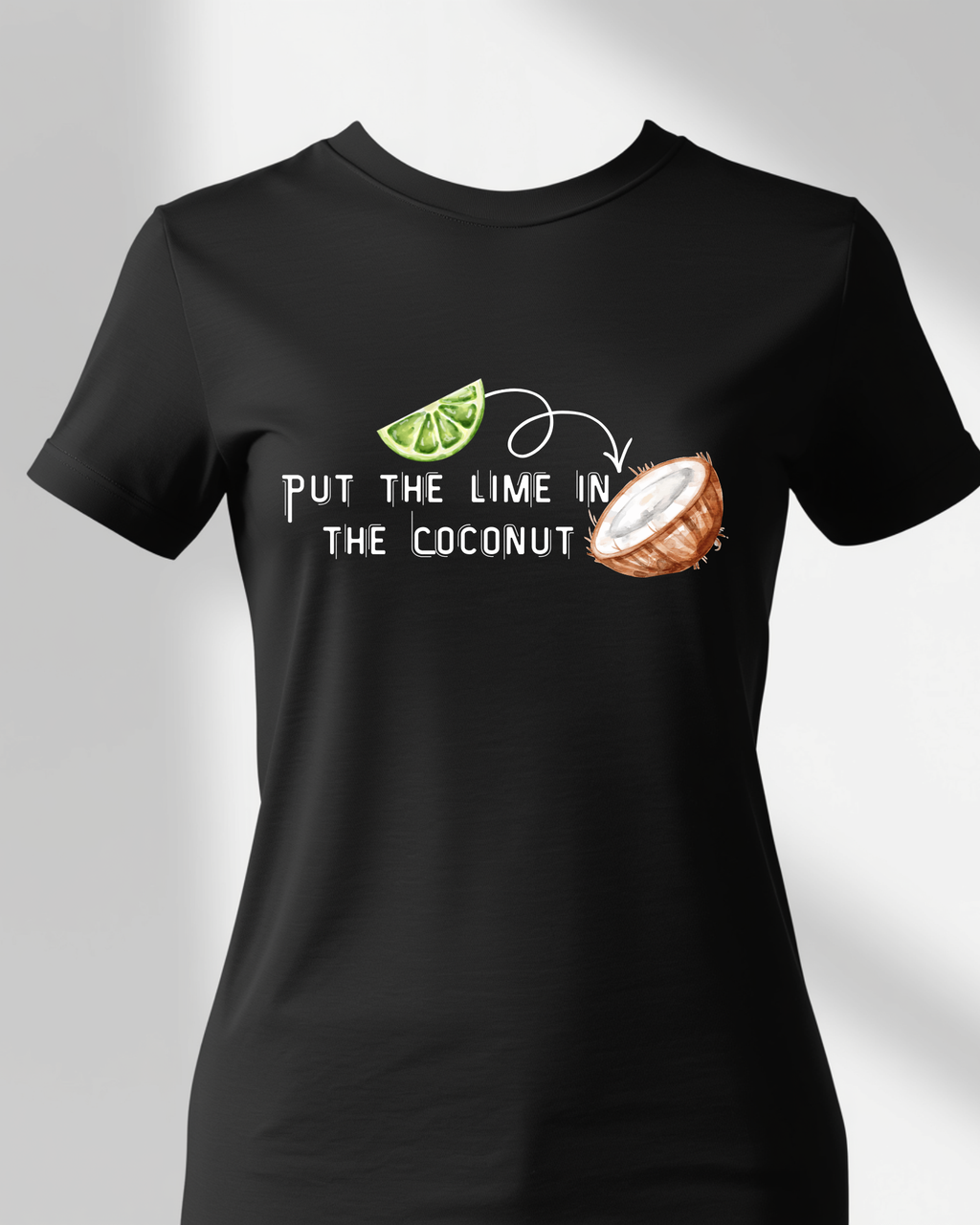 Black t-shirt with lime and coconut graphic and text on a gray background