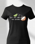 Black t-shirt with lime and coconut graphic and text on a gray background
