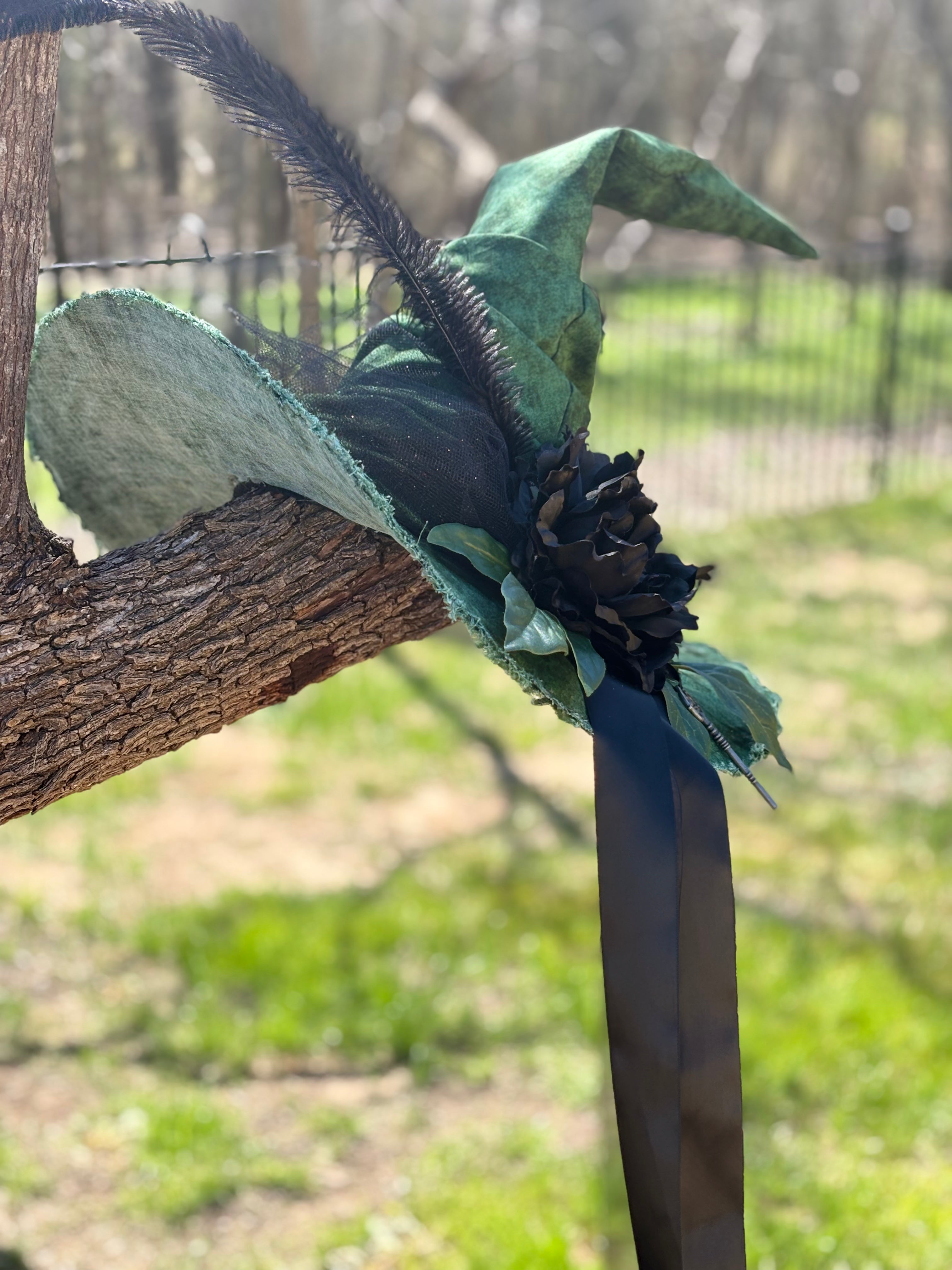 Green Witch Hat with Black Flower – Forest Gothic Halloween Costume, Handmade Statement Piece