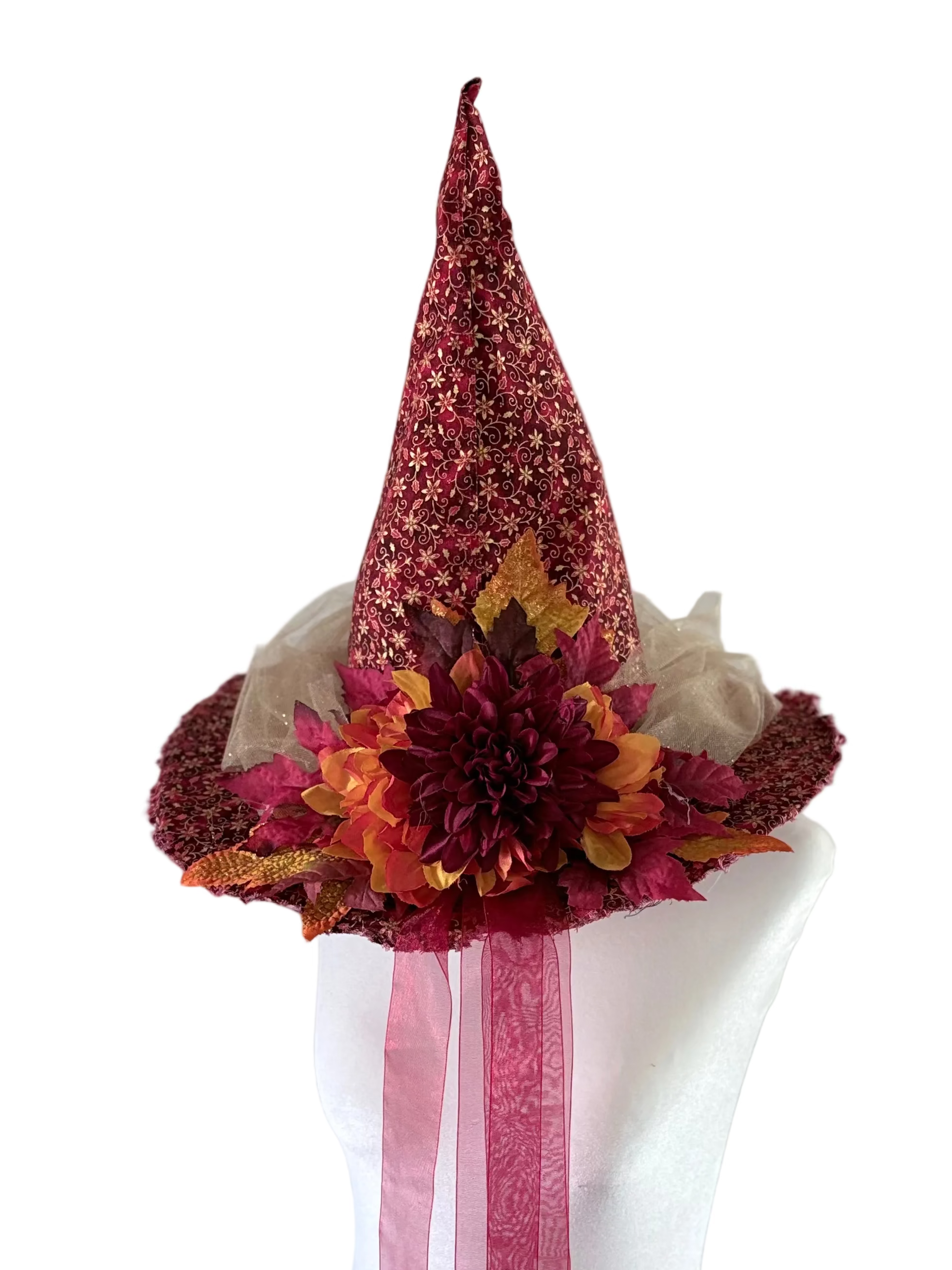 Autumn Red Sunflower Witch Hat with Tulle