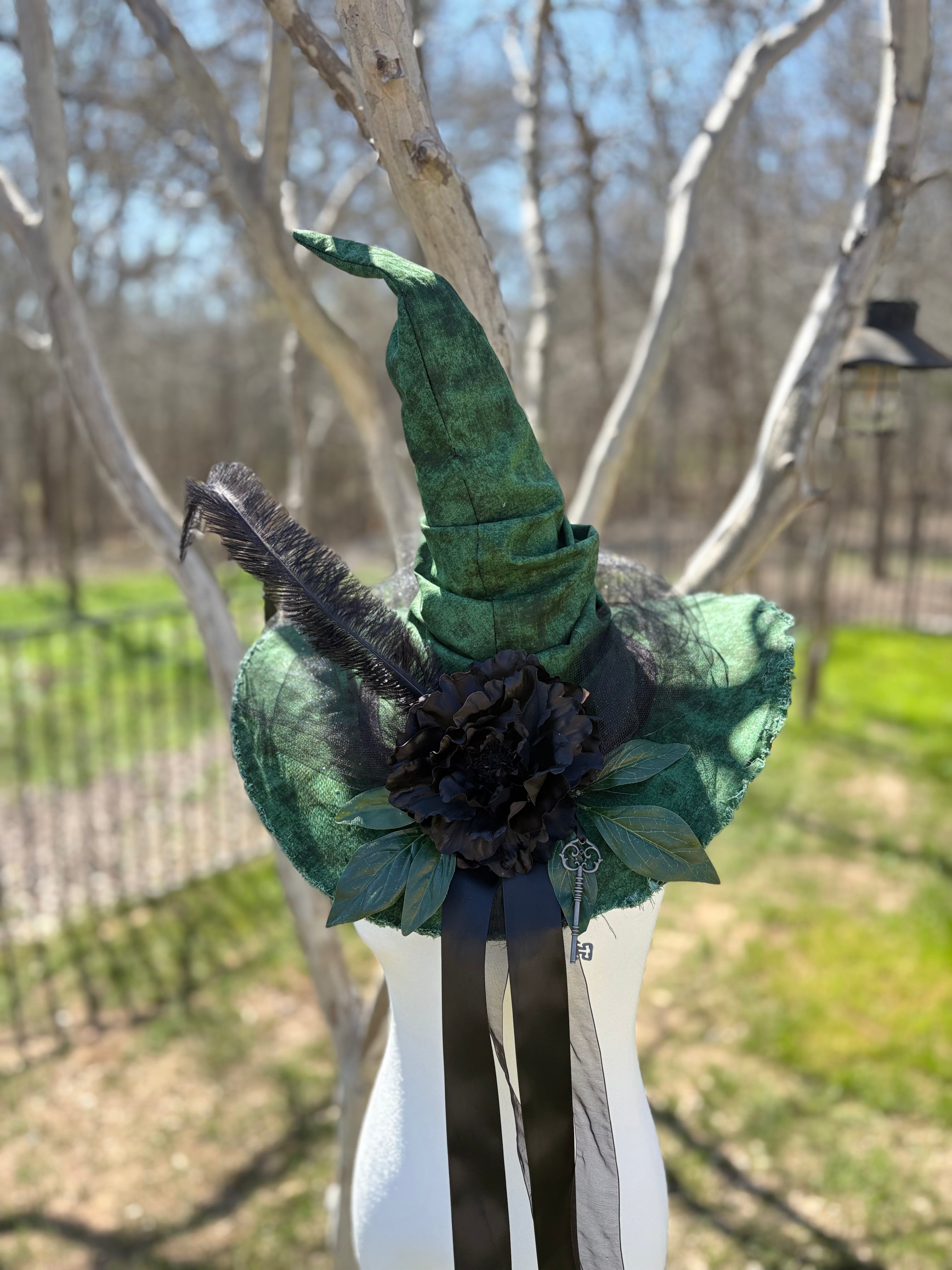 Green Witch Hat with Black Flower – Forest Gothic Halloween Costume, Handmade Statement Piece