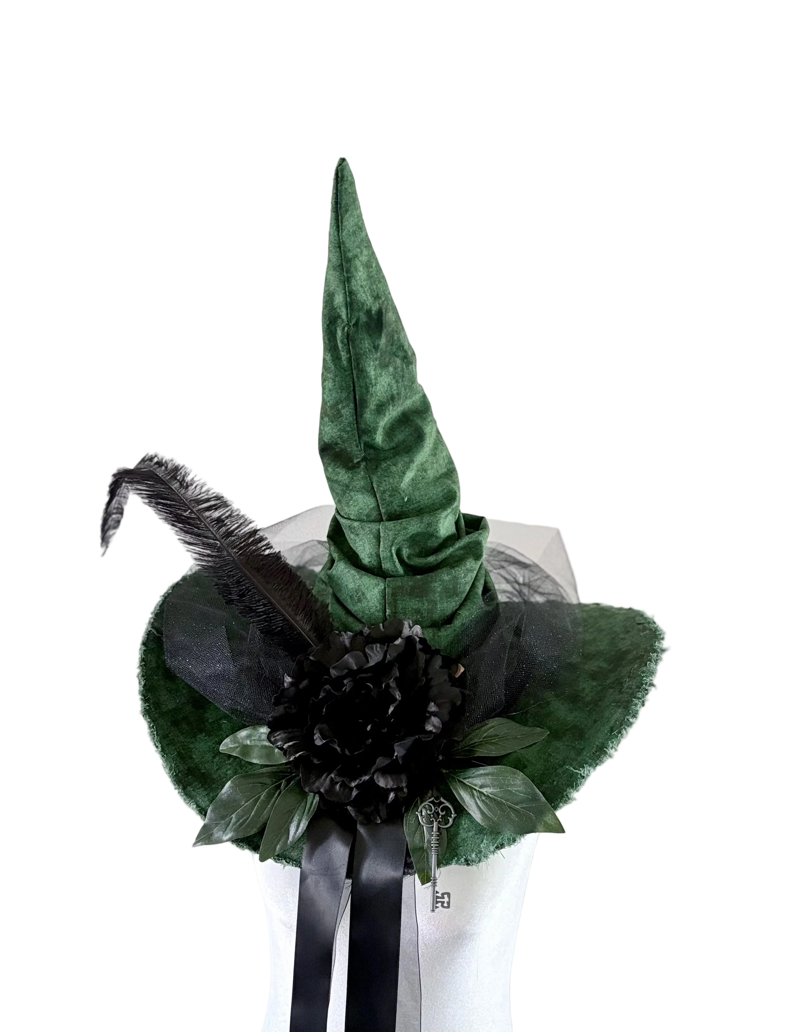 Green Witch Hat with Black Flower – Forest Gothic Halloween Costume, Handmade Statement Piece