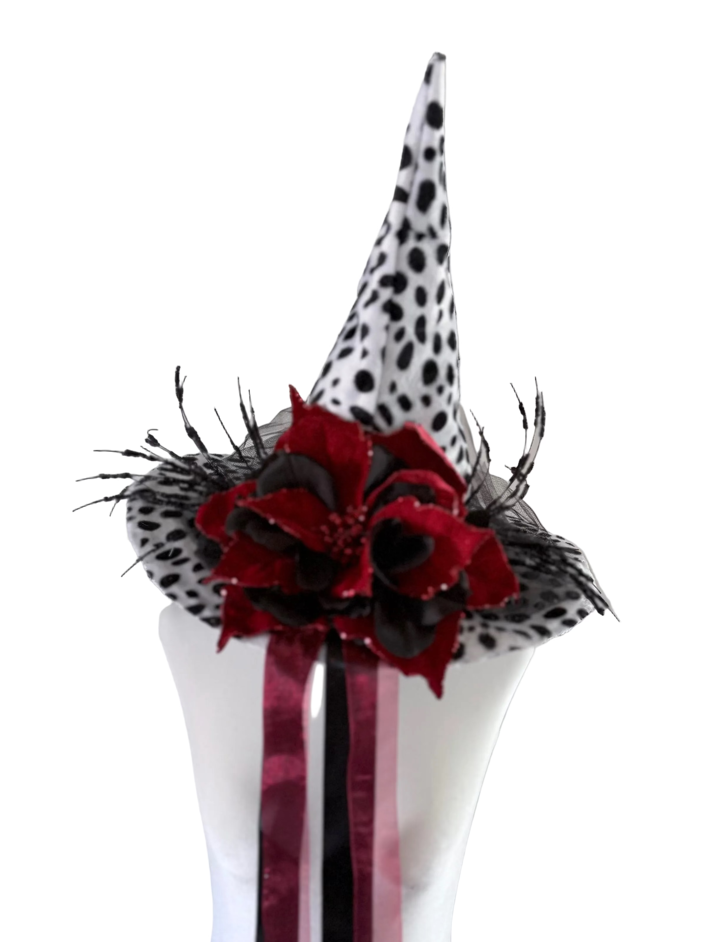 Dalmatian Print Witch Hat with Red Poinsettia & Black Detail