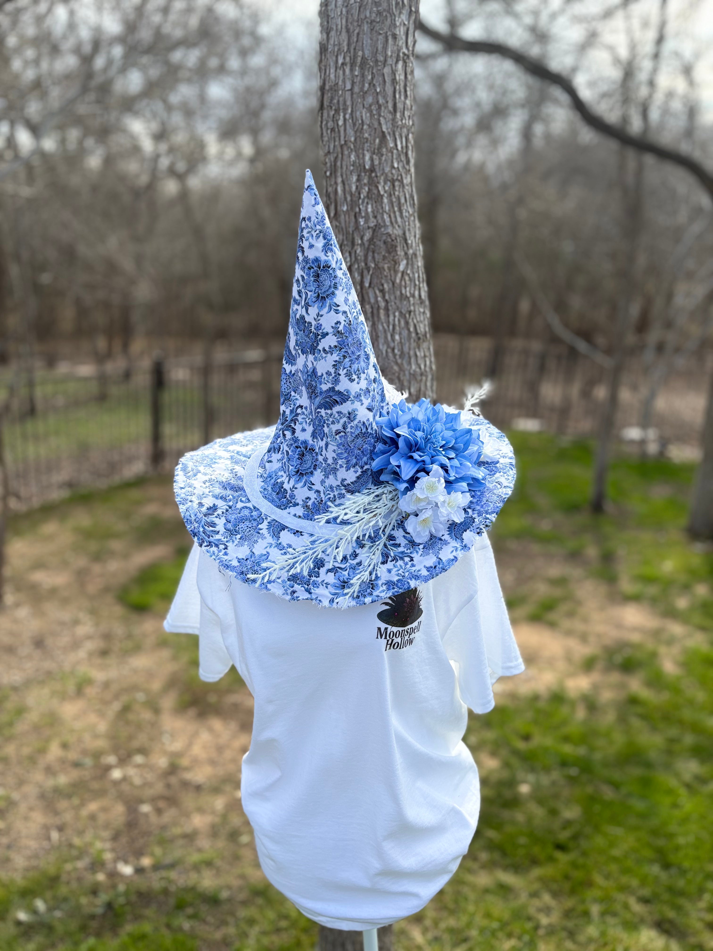 Blue & White Spring Witch Hat – Cottagecore Heirloom Floral Handmade Statement Hat