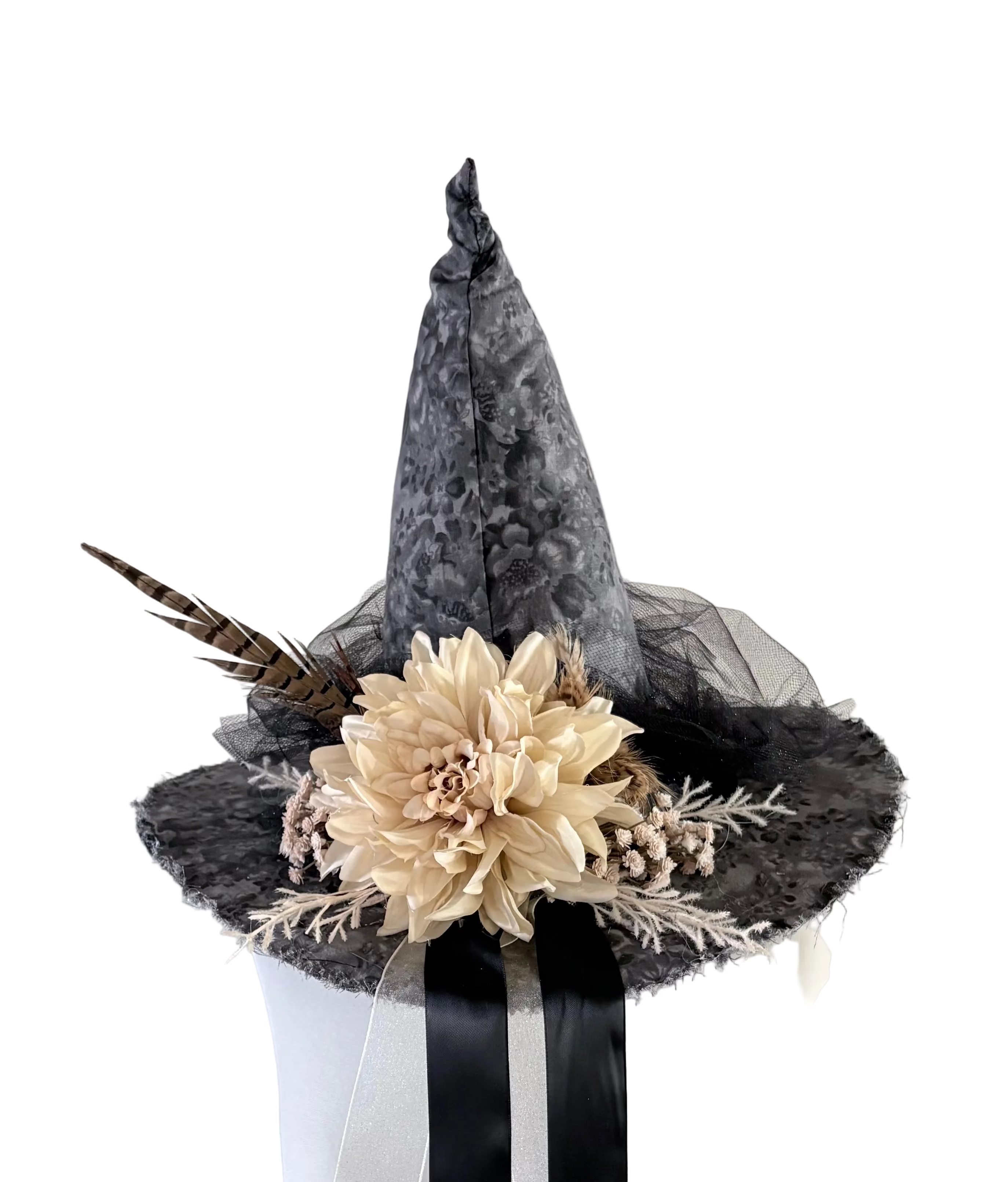 Grey Witch Hat with Ivory Dahlia & Feather | Woodland Earth Statement | Handmade one of a kind