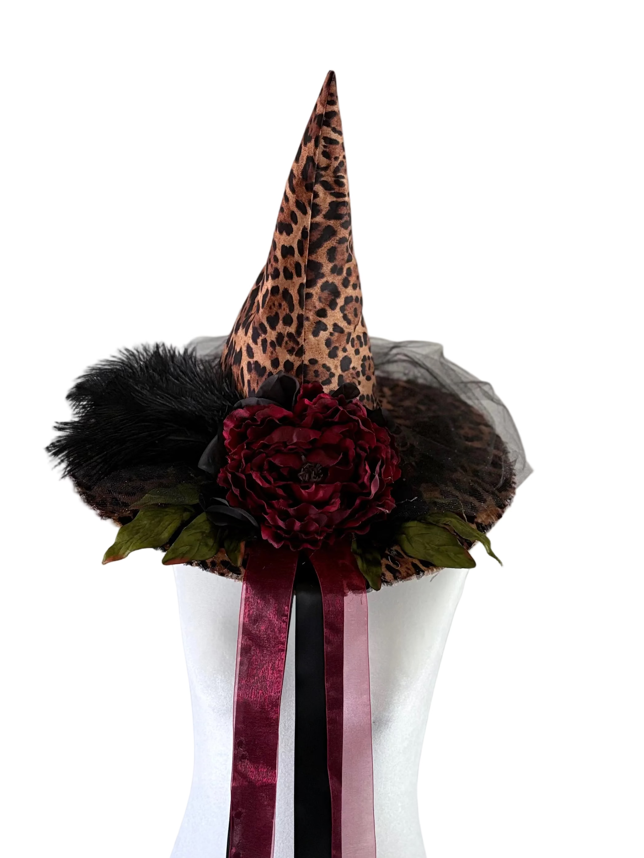 Leopard Print Witch Hat with Vintage Key & Feathers