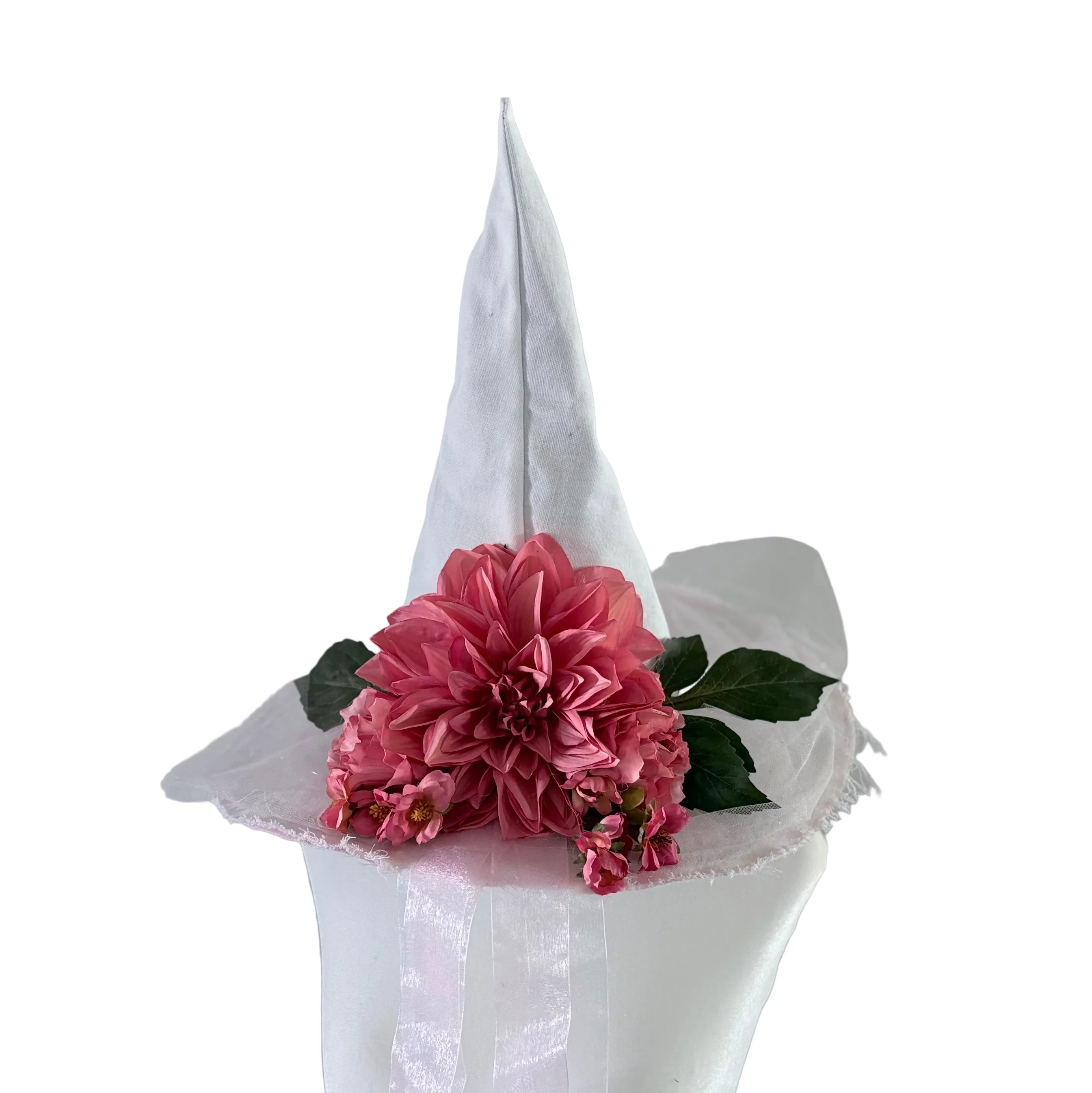 Enchanted White Witch Hat with Rose Pink Dahlia