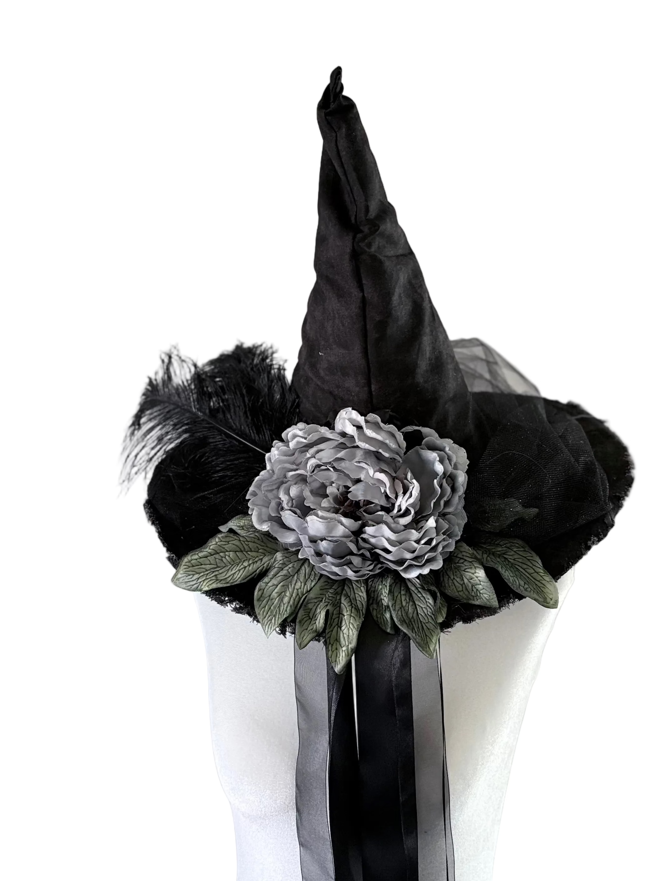 Black & Grey Witch Hat with Skeleton Key & Feather