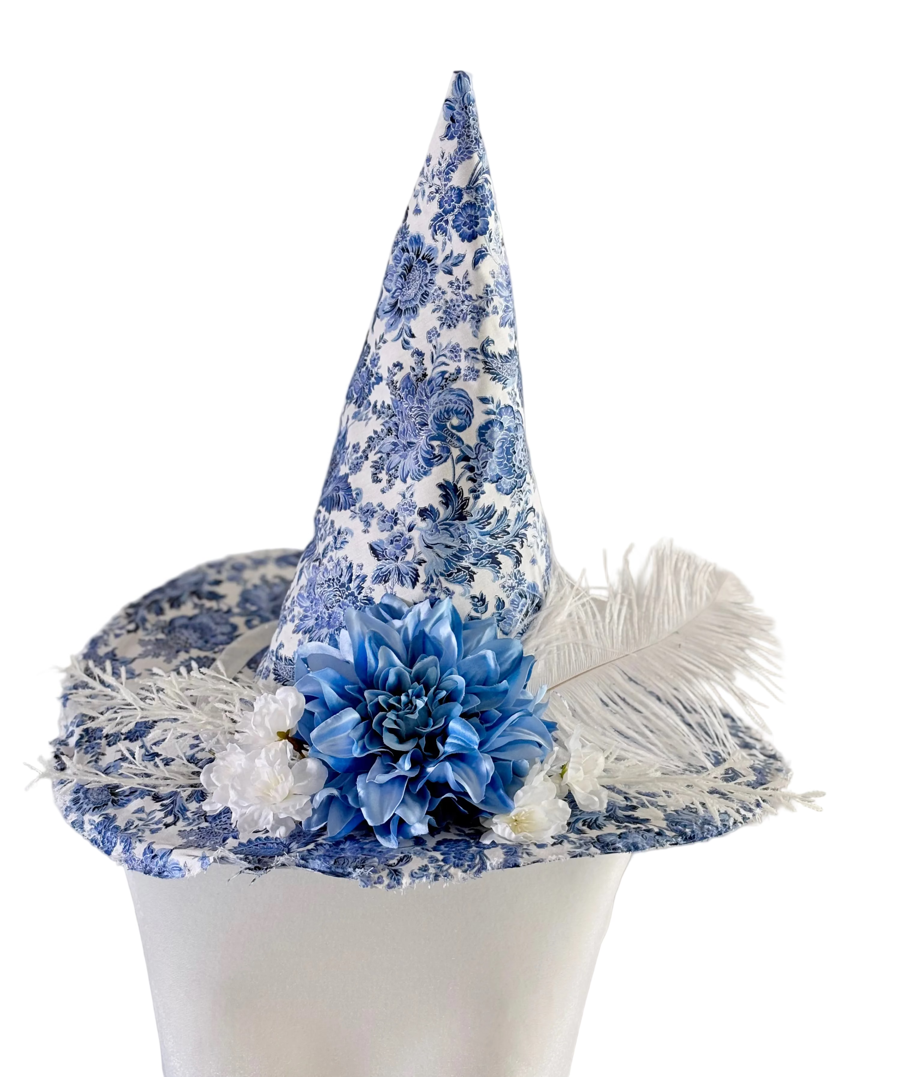 Blue & White Spring Witch Hat – Cottagecore Heirloom Floral Handmade Statement Hat