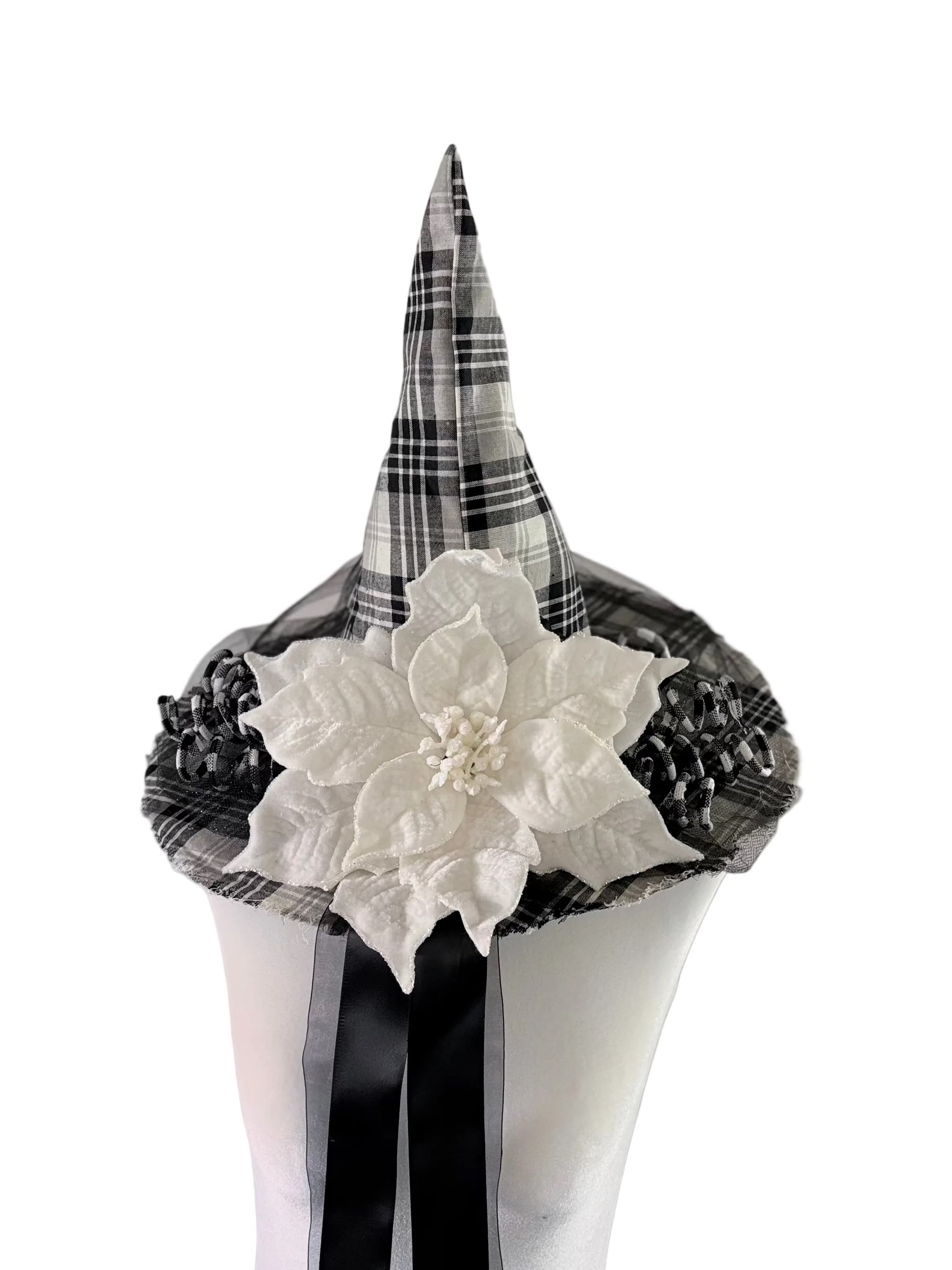 Winter Plaid Witch Hat with White Poinsettia - Gothic Elegance