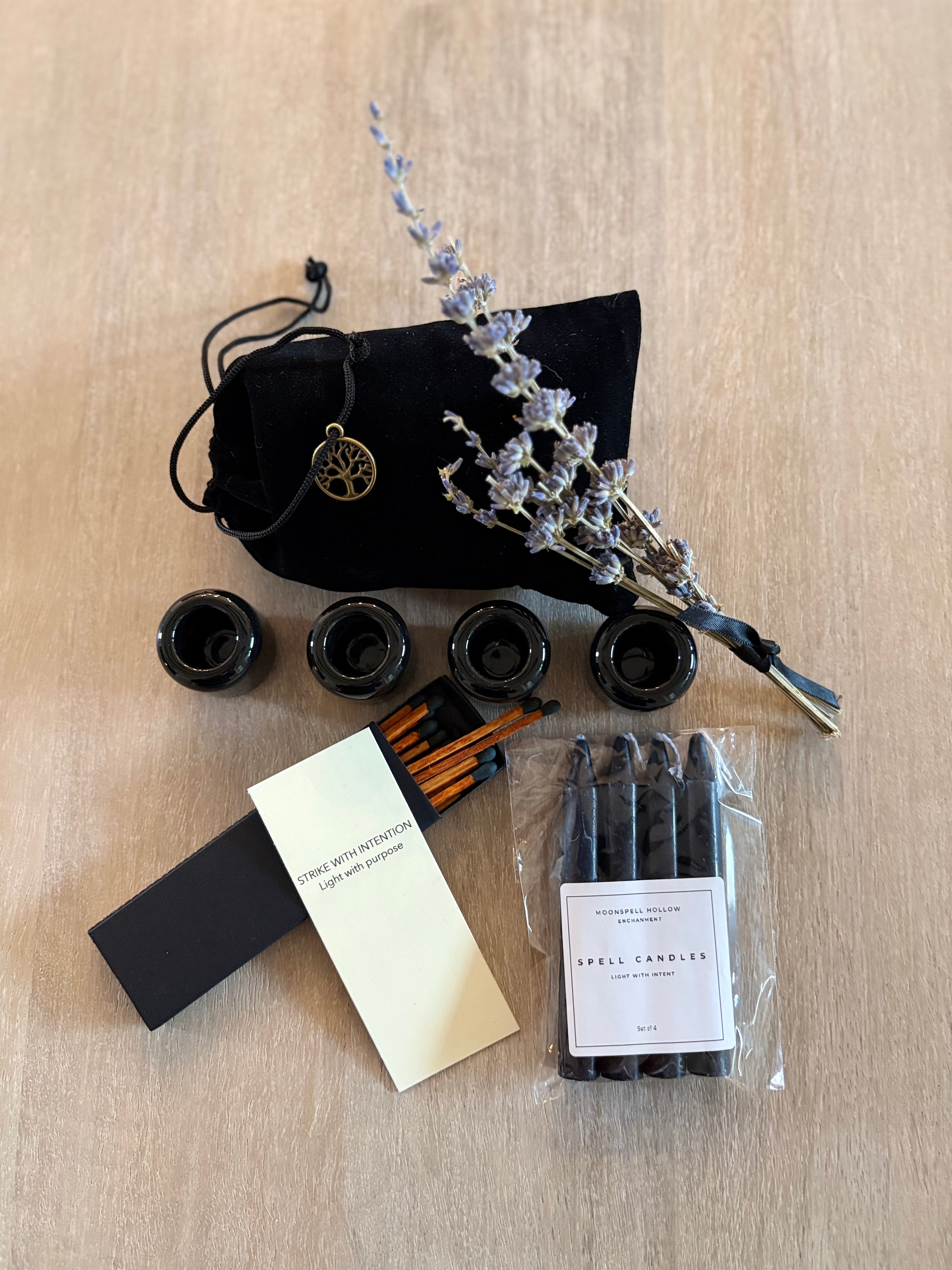 Candle Ritual Gift Set | Black Spell Candles, Ceramic Holders & Matches | Whimsigoth Accessory
