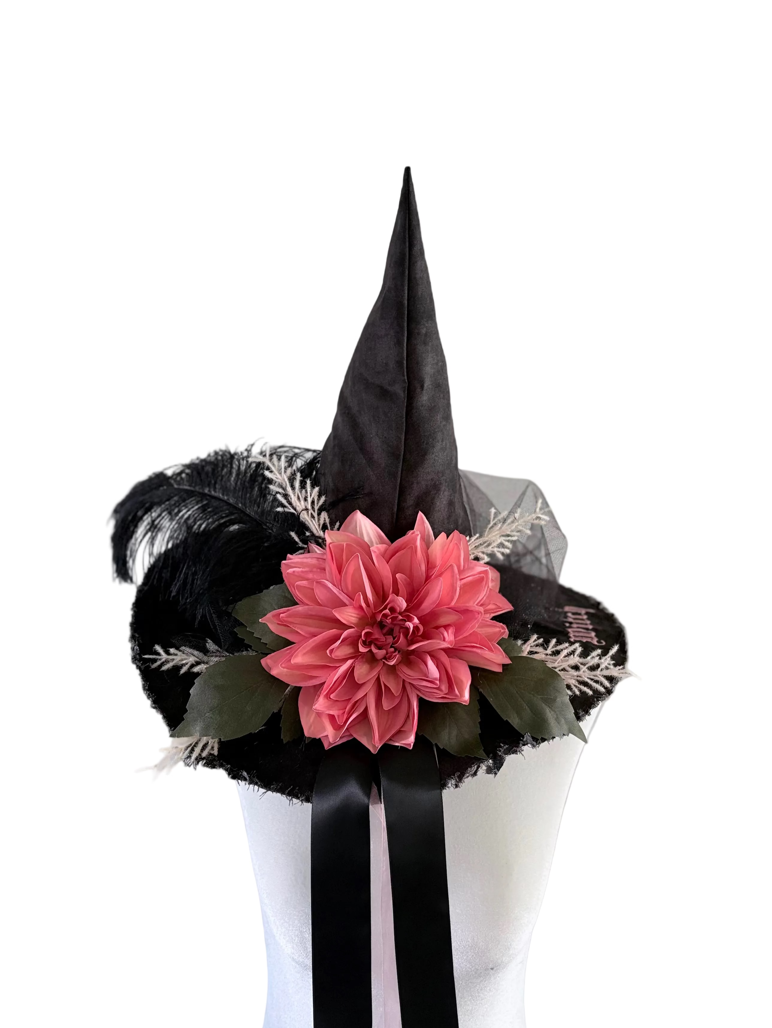 Black Witch Hat with Coral Dahlia Flower and Feather - Handmade Statement Piece