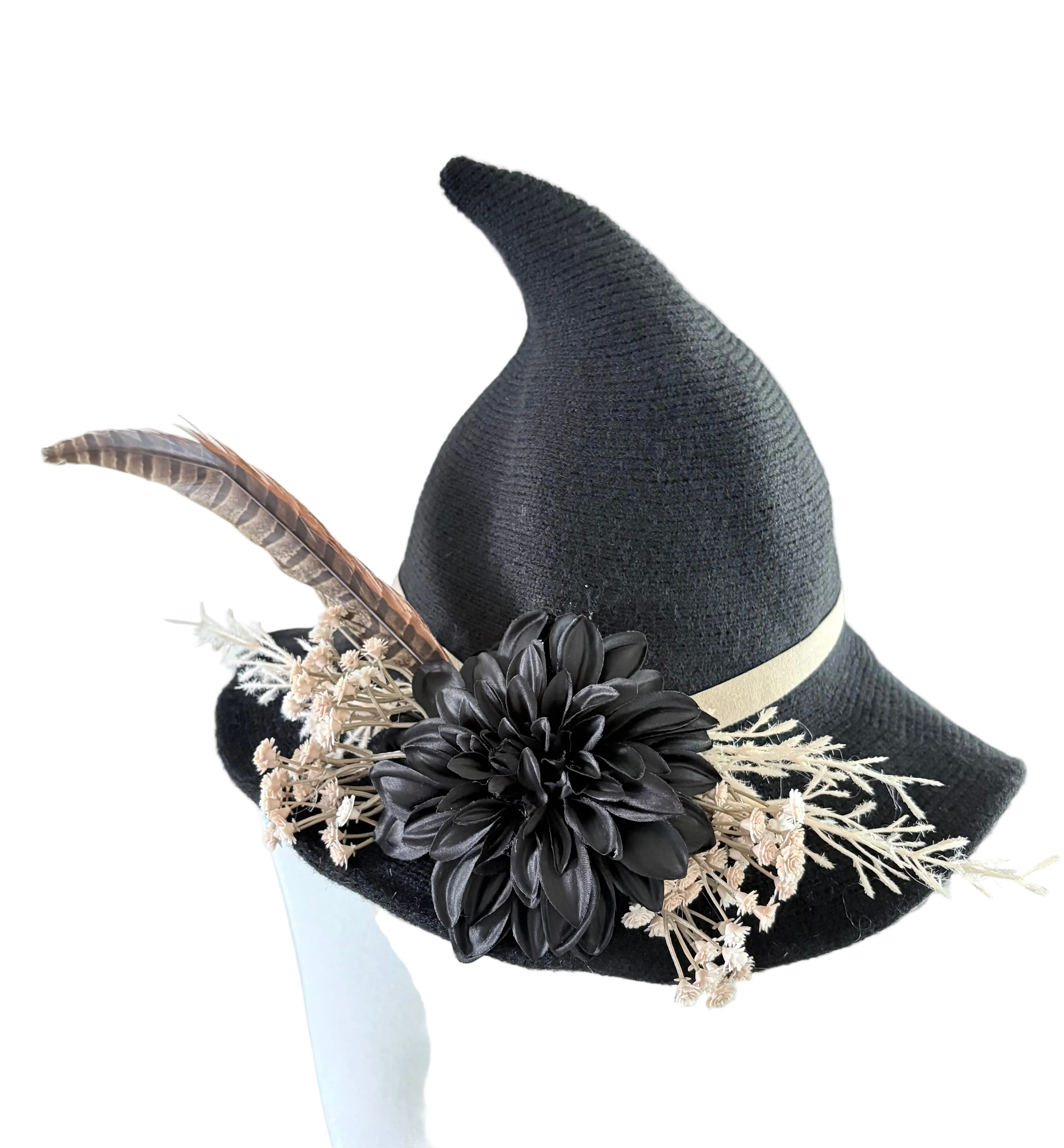 Gothic Black Witch Hat | Feather & Dried Florals, Handmade