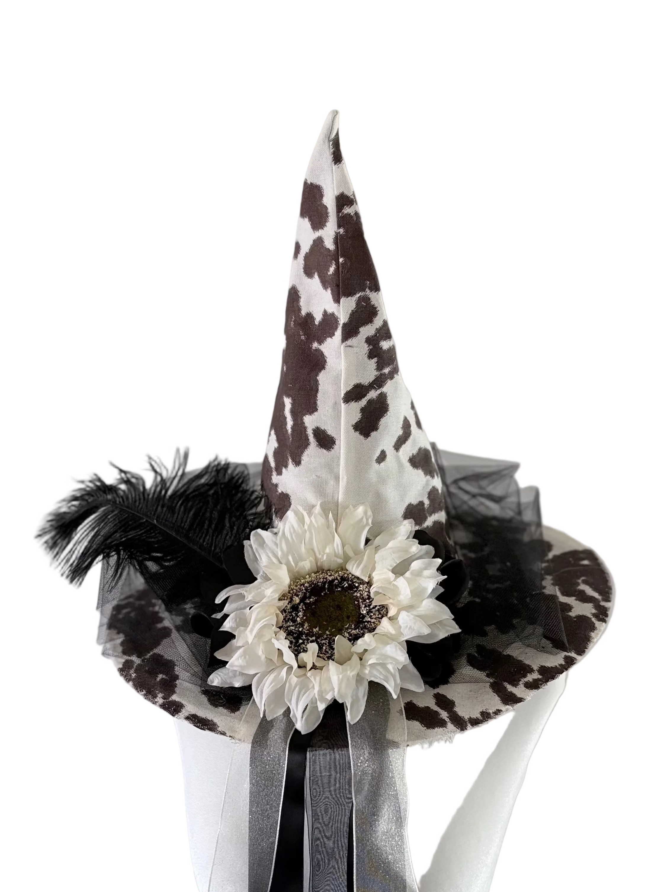 Cow Print Witch Hat with Sunflower & Feather - Western Witch
