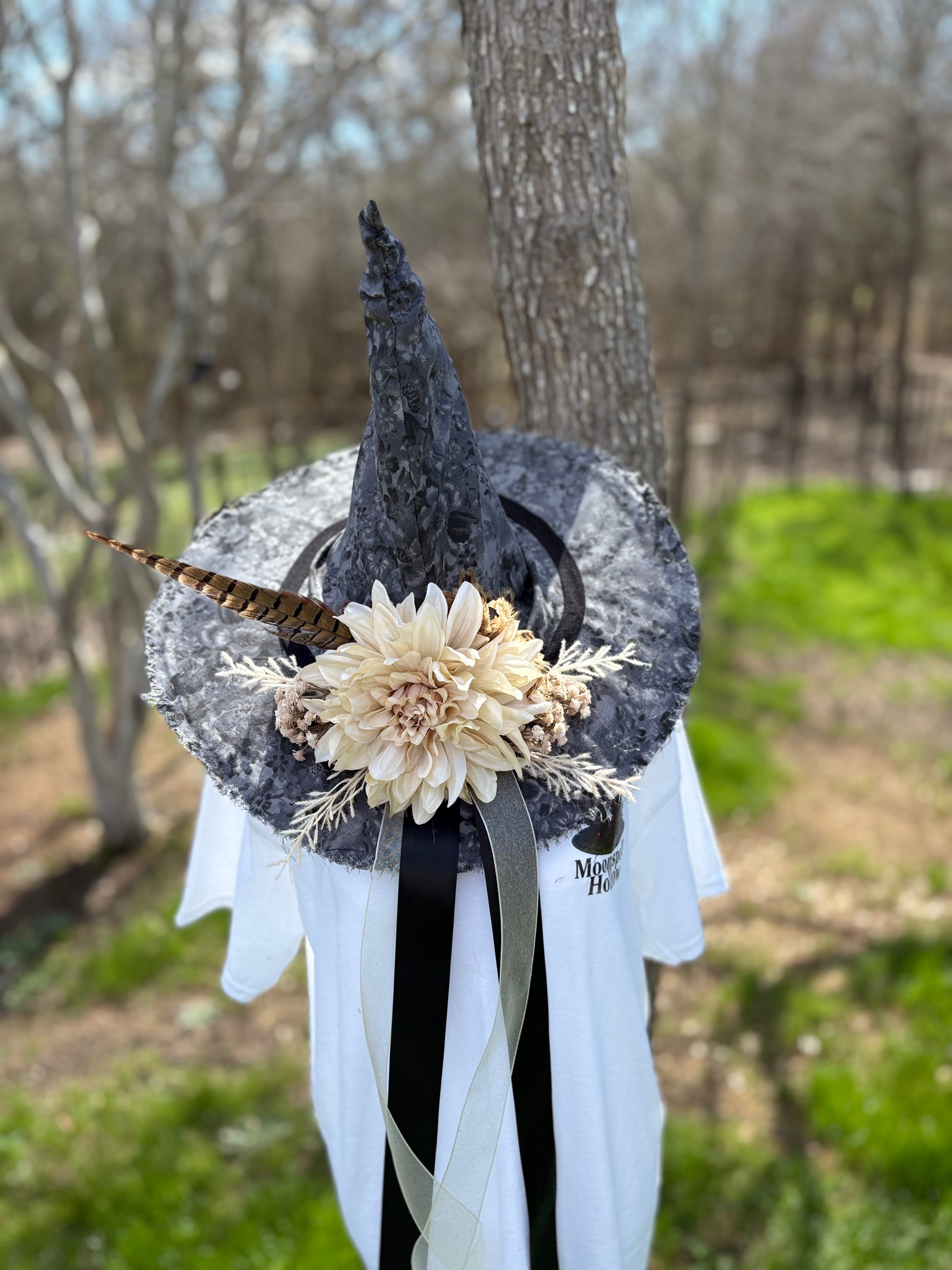 Grey Witch Hat with Ivory Dahlia & Feather | Woodland Earth Statement | Handmade one of a kind
