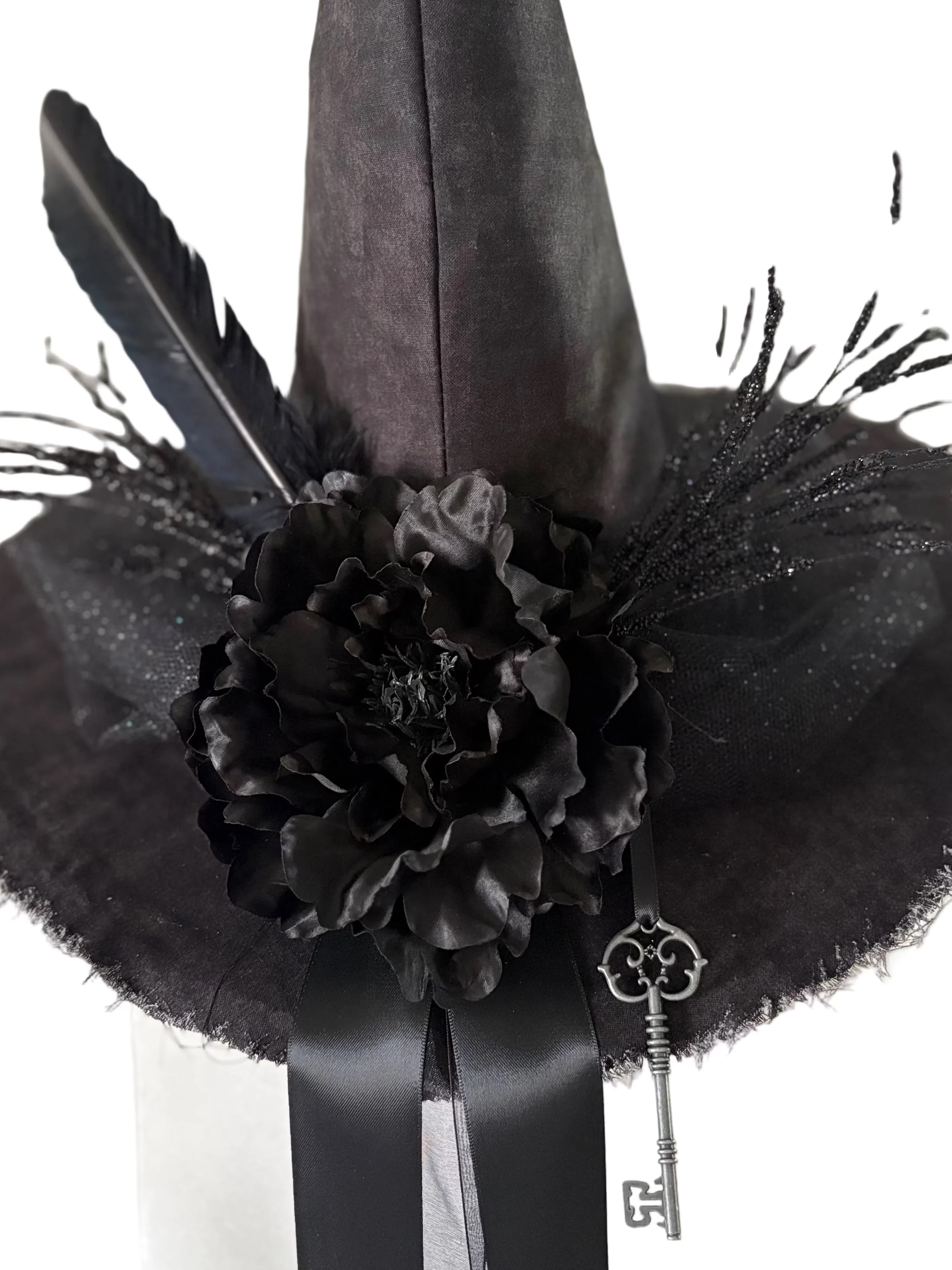 Black Witch Hat Gothic Ritual Headpiece with Key – Handmade Statement piece with Detail