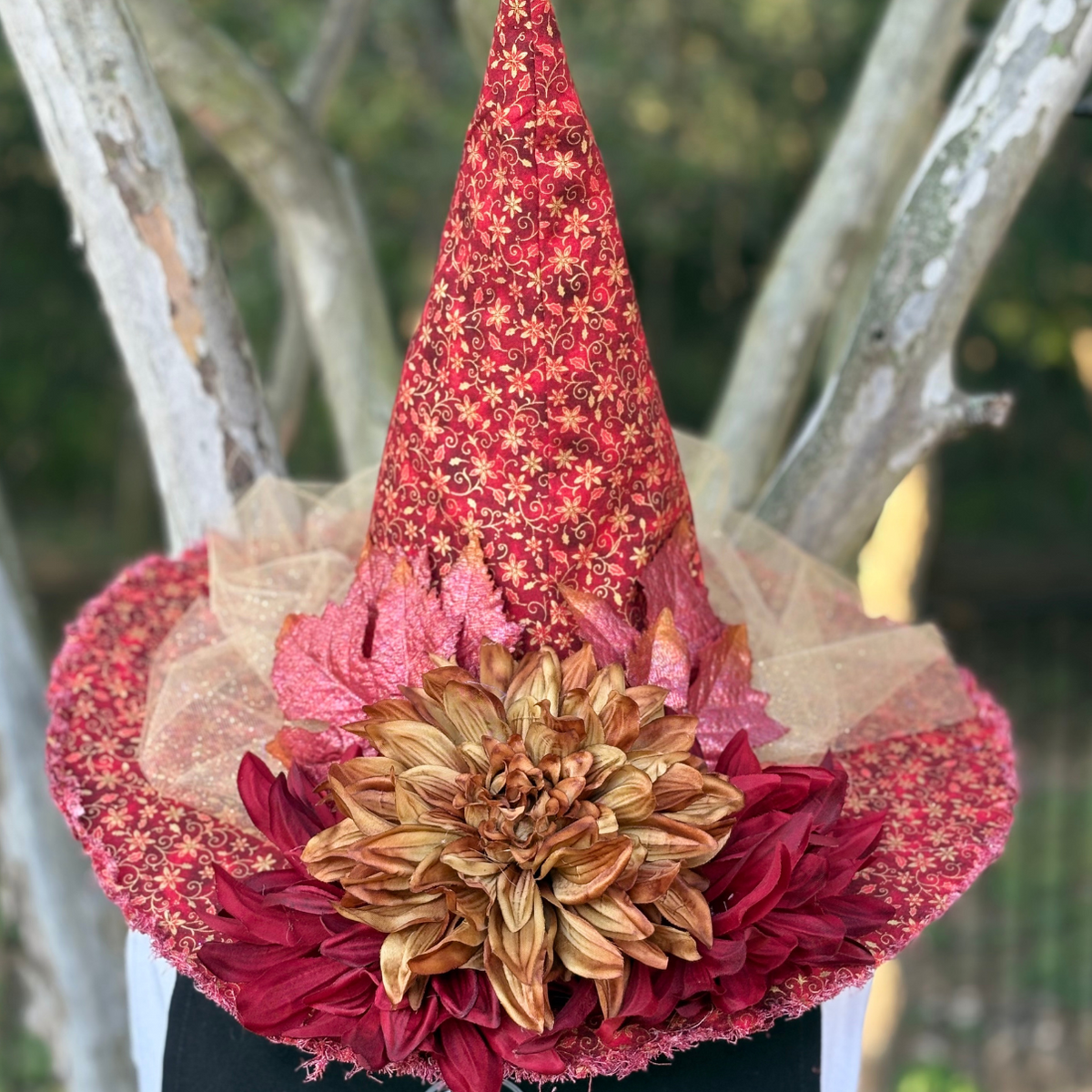 Crimson Emberveil | Red & Gold Autumn Witch Hat – Moonspell Hollow™