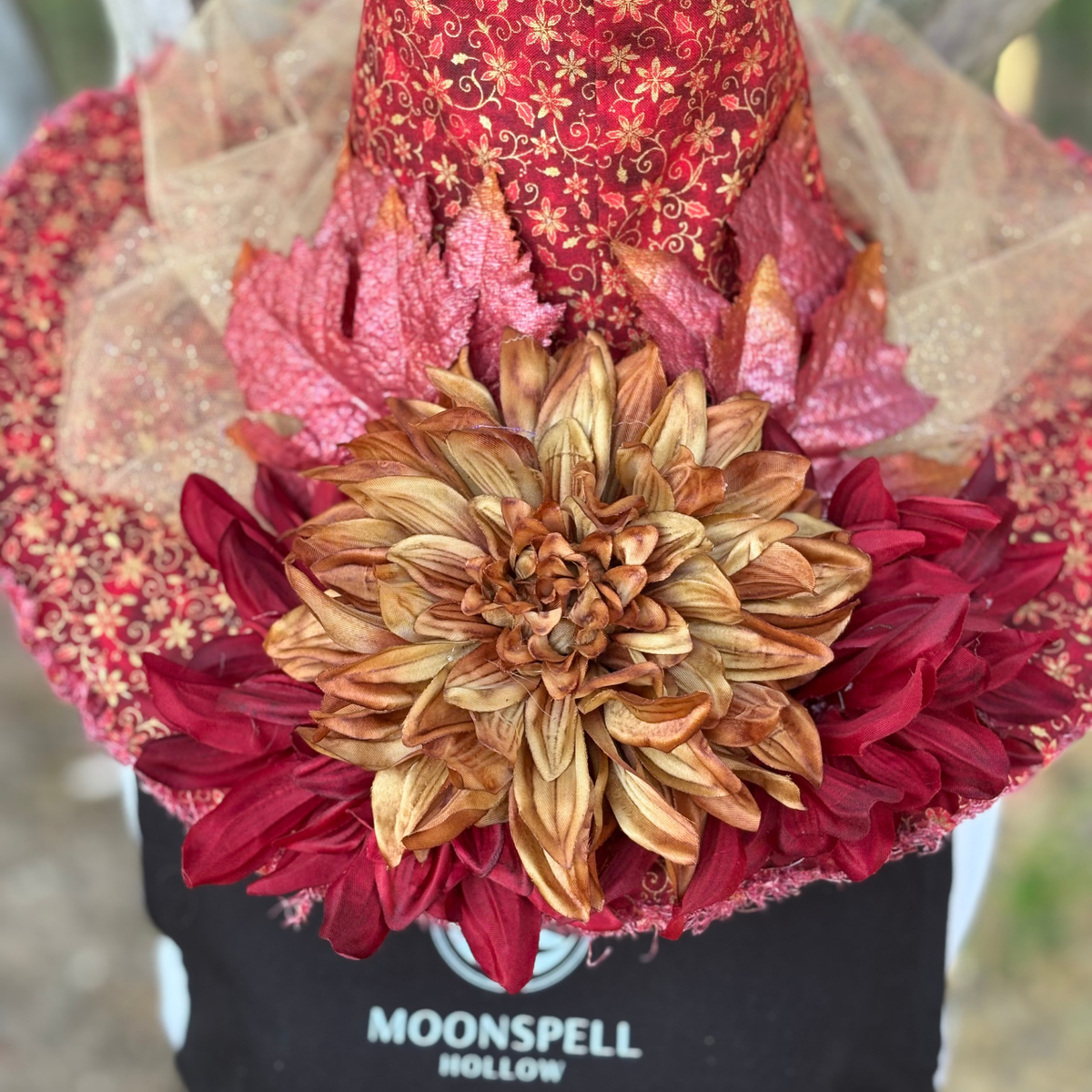 Crimson Emberveil | Red & Gold Autumn Witch Hat – Moonspell Hollow™