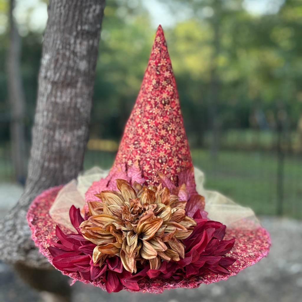 Crimson Emberveil | Red & Gold Autumn Witch Hat – Moonspell Hollow™