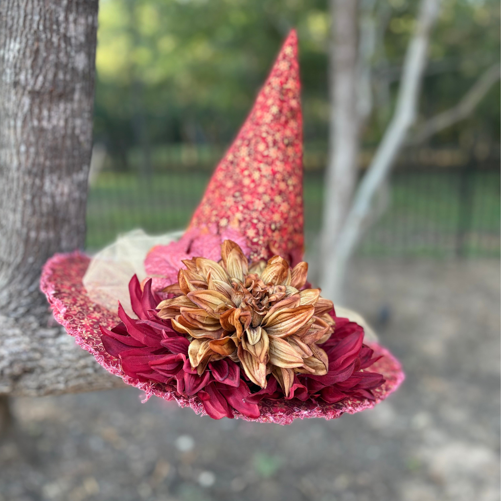 Crimson Emberveil | Red & Gold Autumn Witch Hat – Moonspell Hollow™