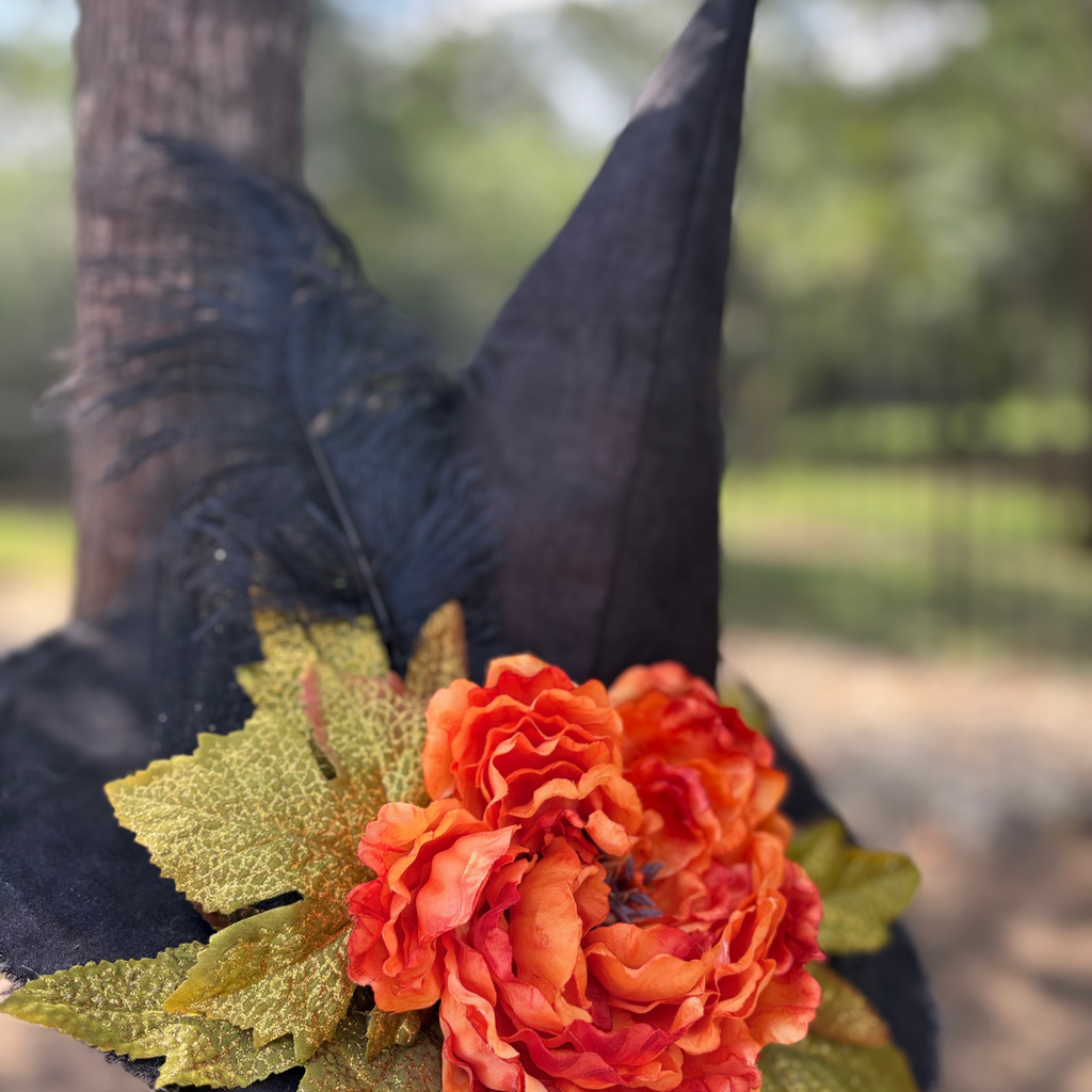 Embermere | Black Witch Hat with Orange Peony – Moonspell Hollow™