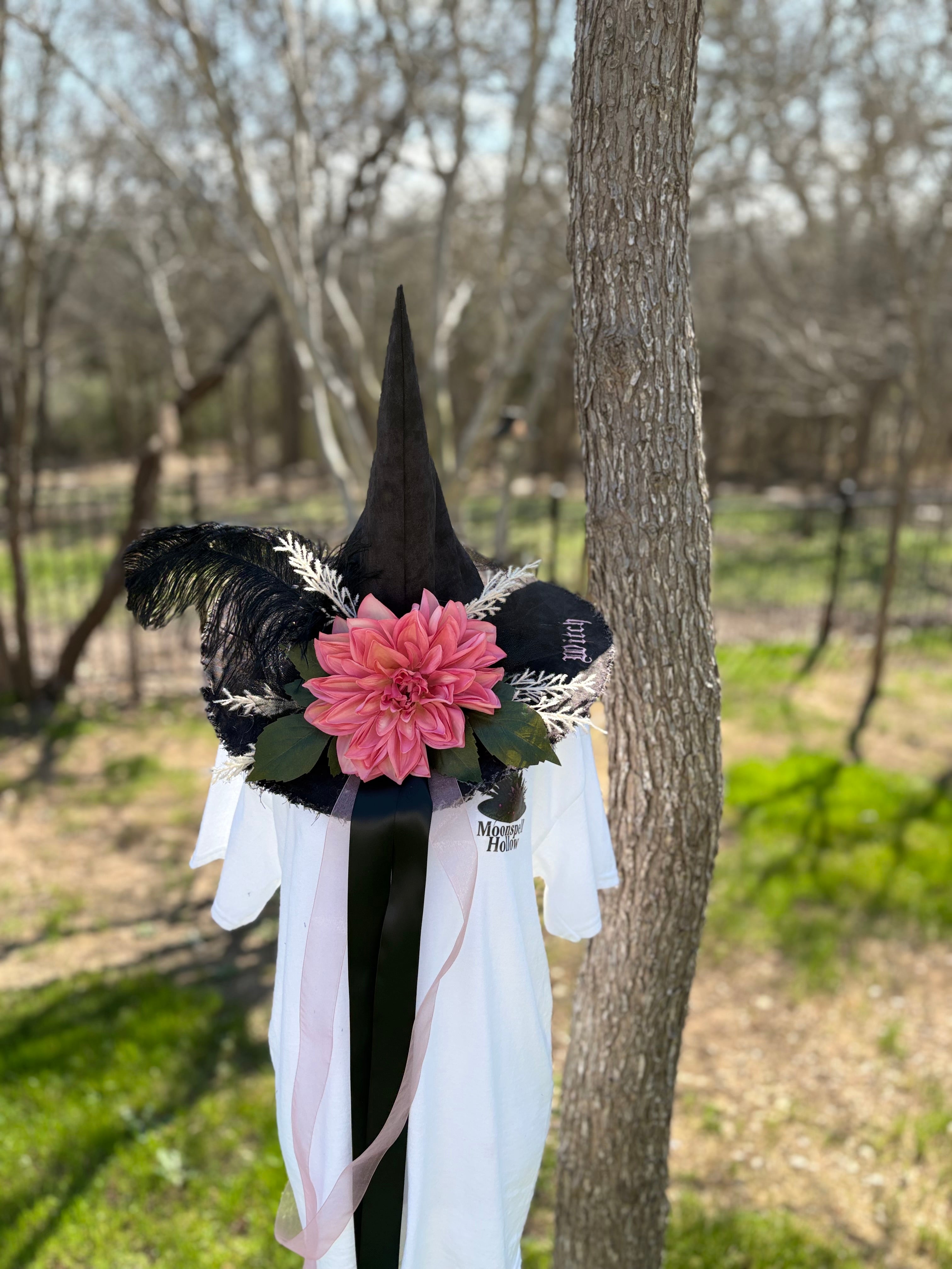Black Witch Hat with Coral Dahlia Flower and Feather - Handmade Statement Piece