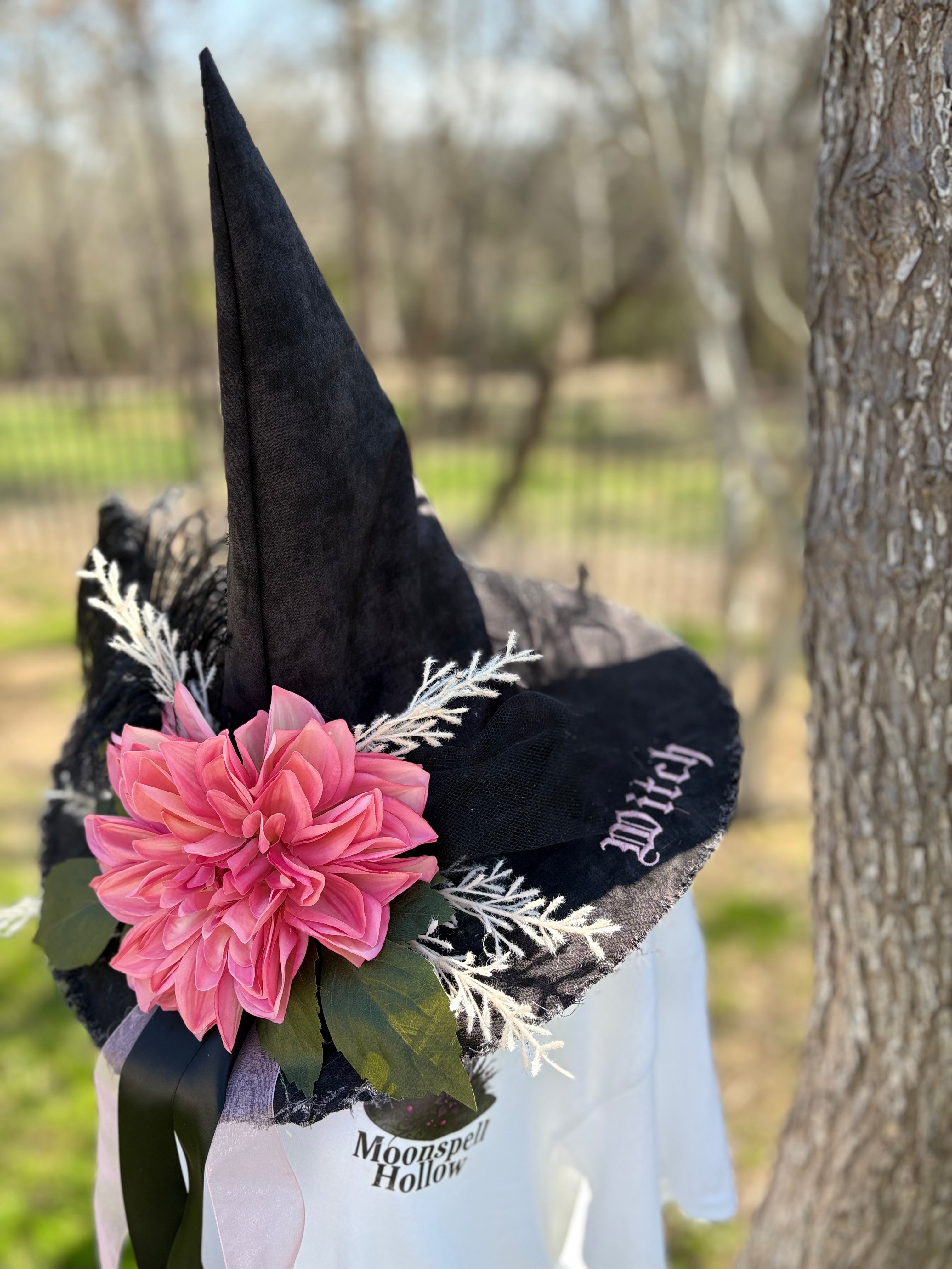 Black Witch Hat with Coral Dahlia Flower and Feather - Handmade Statement Piece
