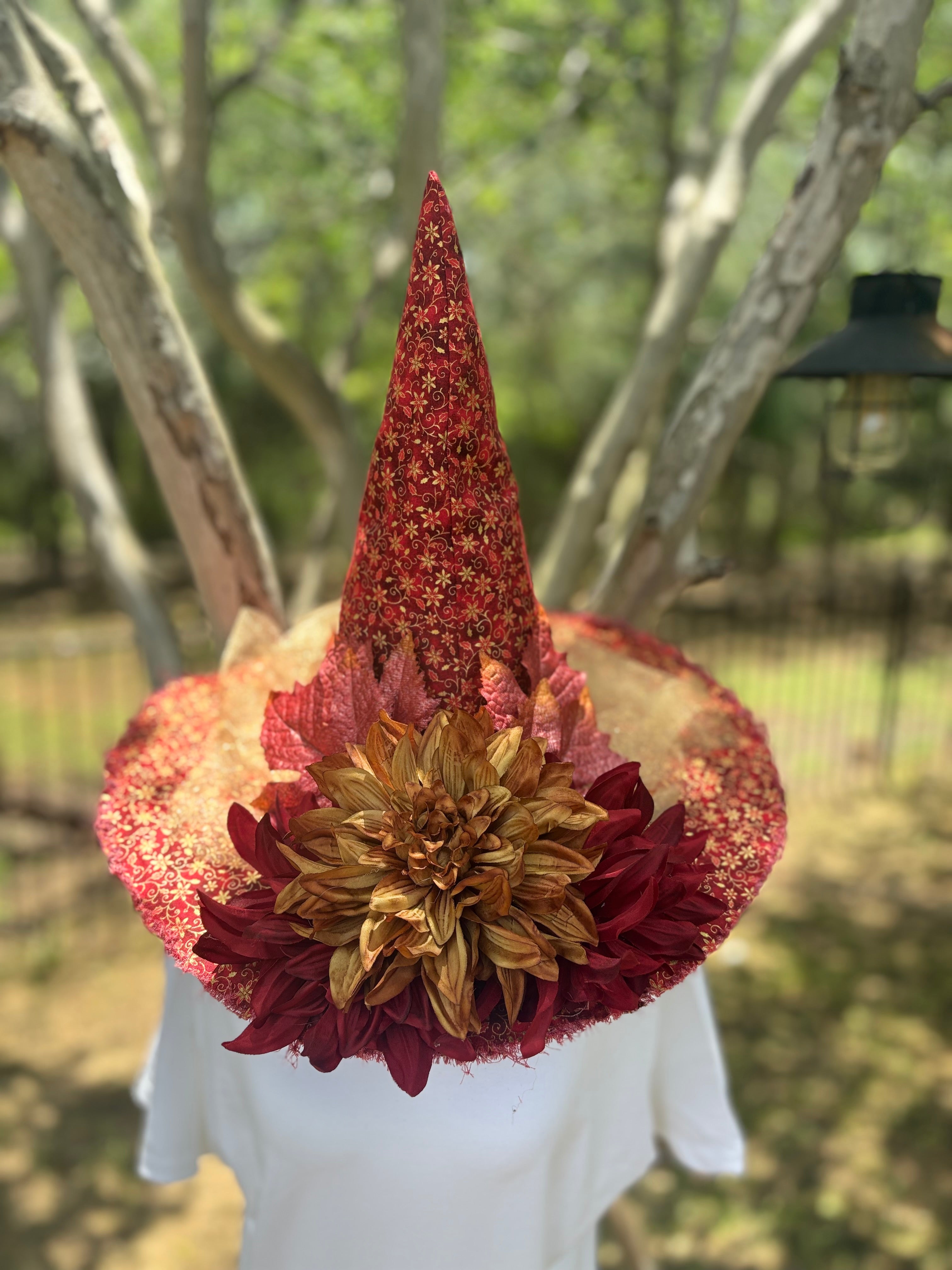 Crimson Emberveil | Red & Gold Autumn Witch Hat – Moonspell Hollow™