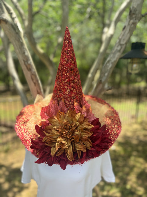 Crimson Emberveil | Red & Gold Autumn Witch Hat – Moonspell Hollow™