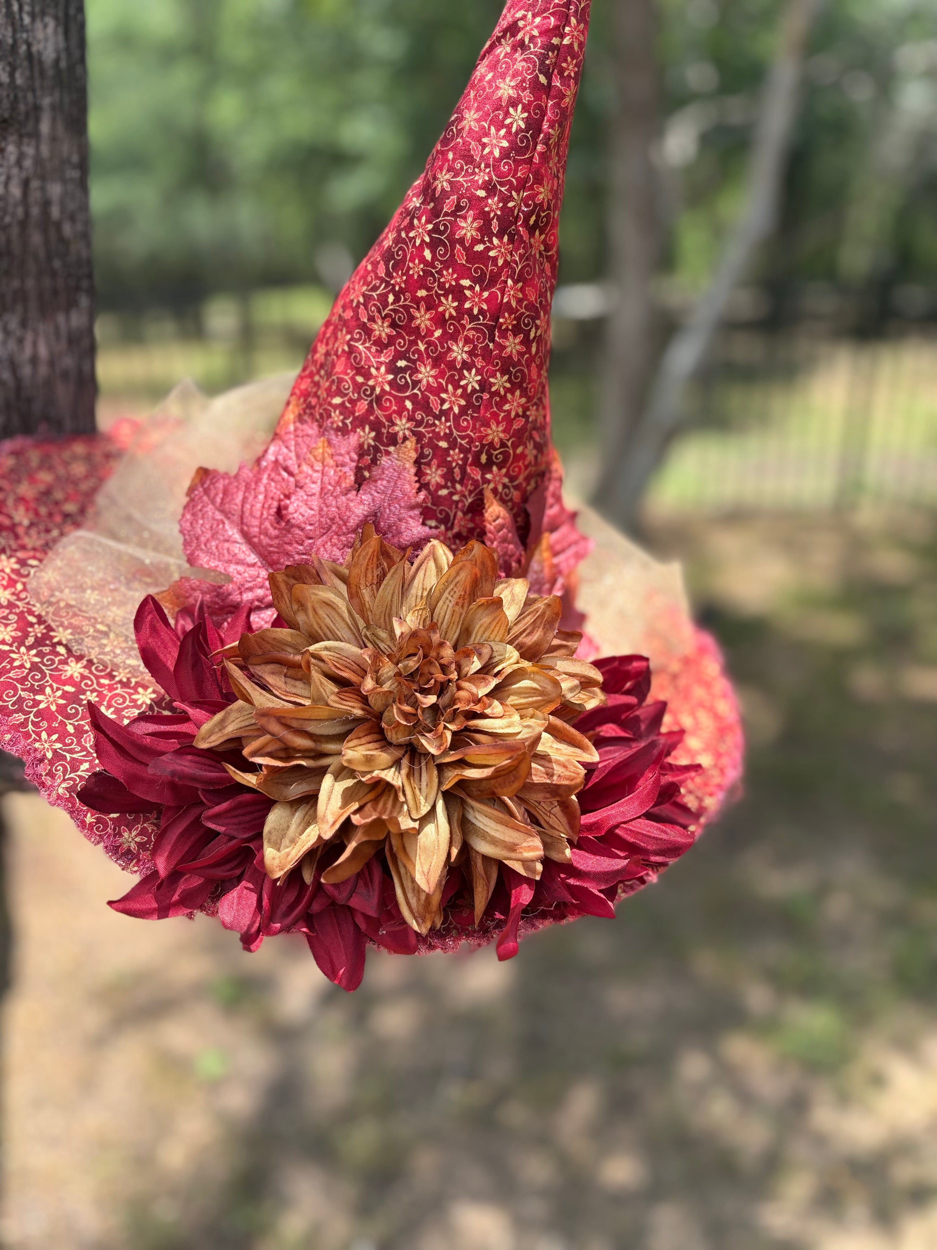 Crimson Emberveil | Red & Gold Autumn Witch Hat – Moonspell Hollow™