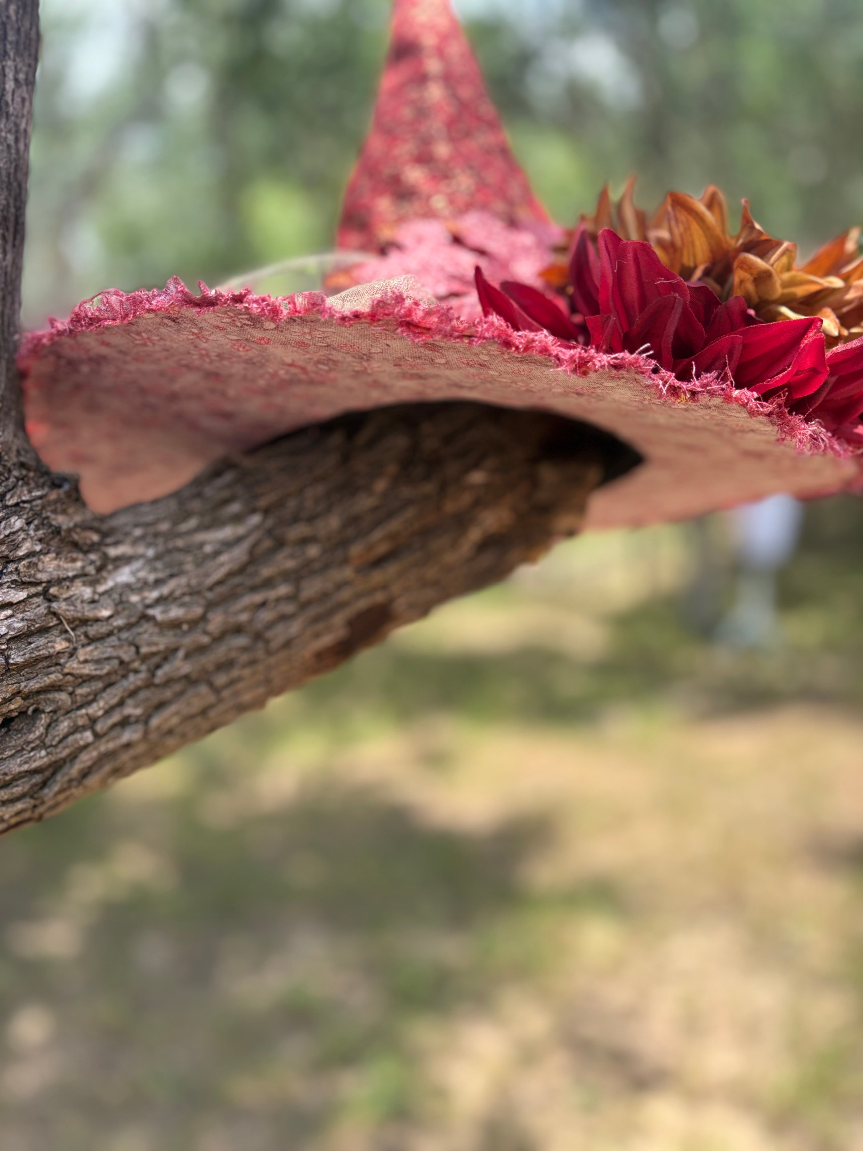 Crimson Emberveil | Red & Gold Autumn Witch Hat – Moonspell Hollow™