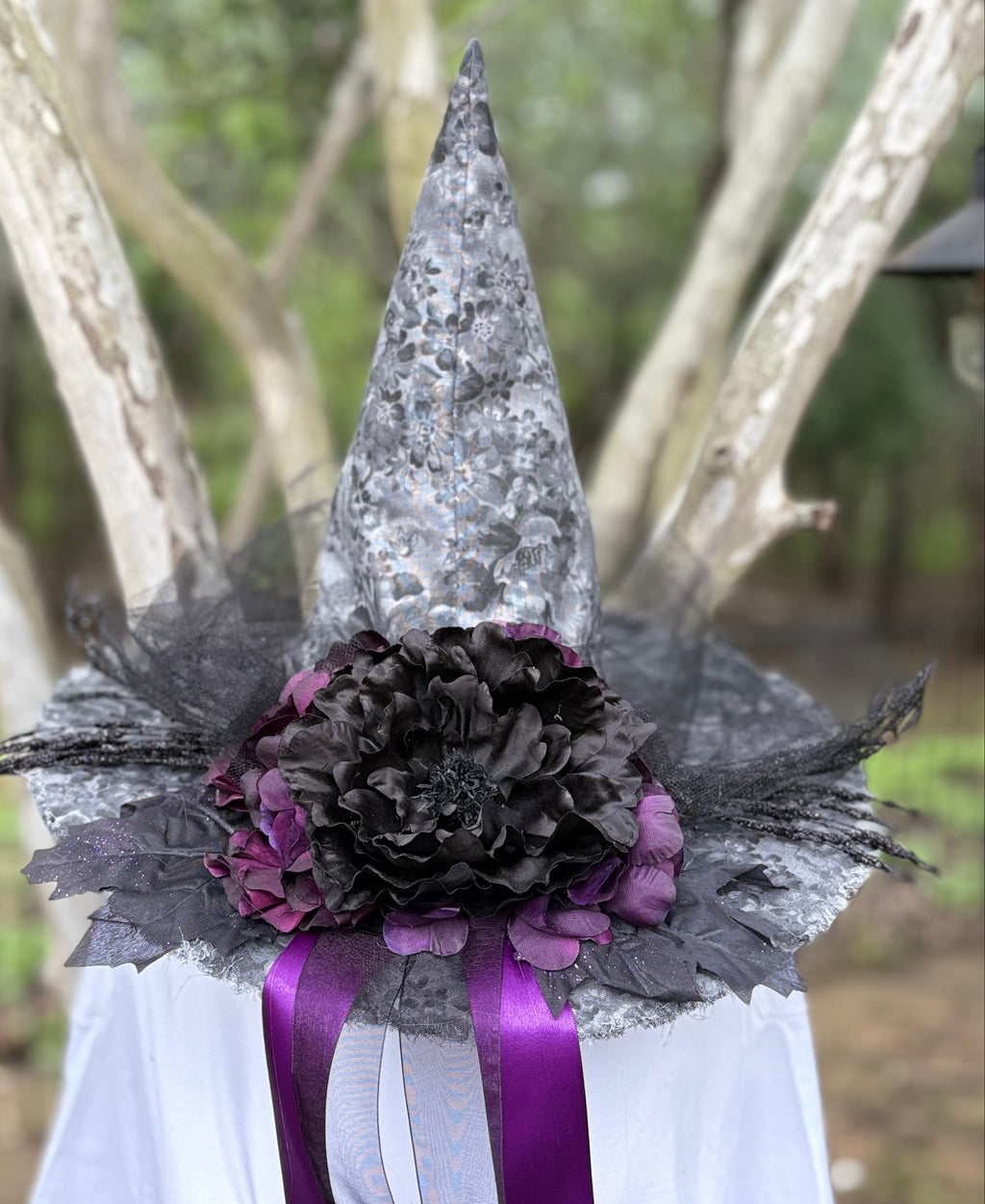 Ophelia Noire | Silver Lace & Plum Witch Hat | Moonspell Hollow™
