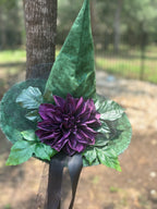 Deep green gothic witch hat with plum floral centerpiece and black tulle accent