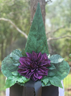 Handmade forest green witch hat with plum dahlia and black satin ribbons – Moonspell Hollow