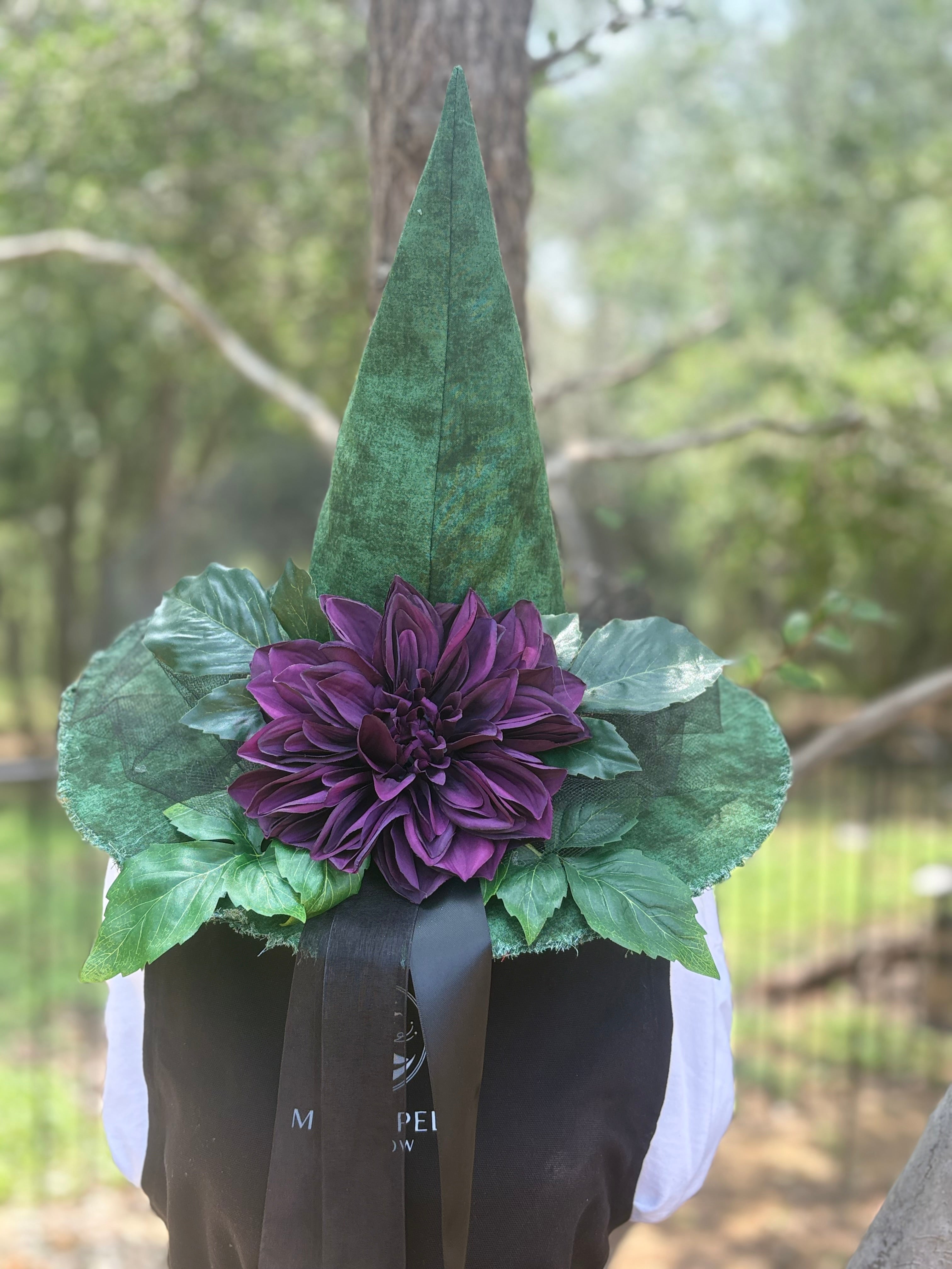Handmade forest green witch hat with plum dahlia and black satin ribbons – Moonspell Hollow