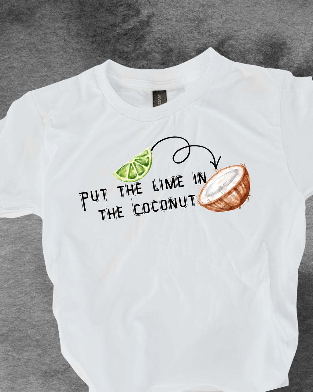 White Tee with Put the lime in the coconut logo