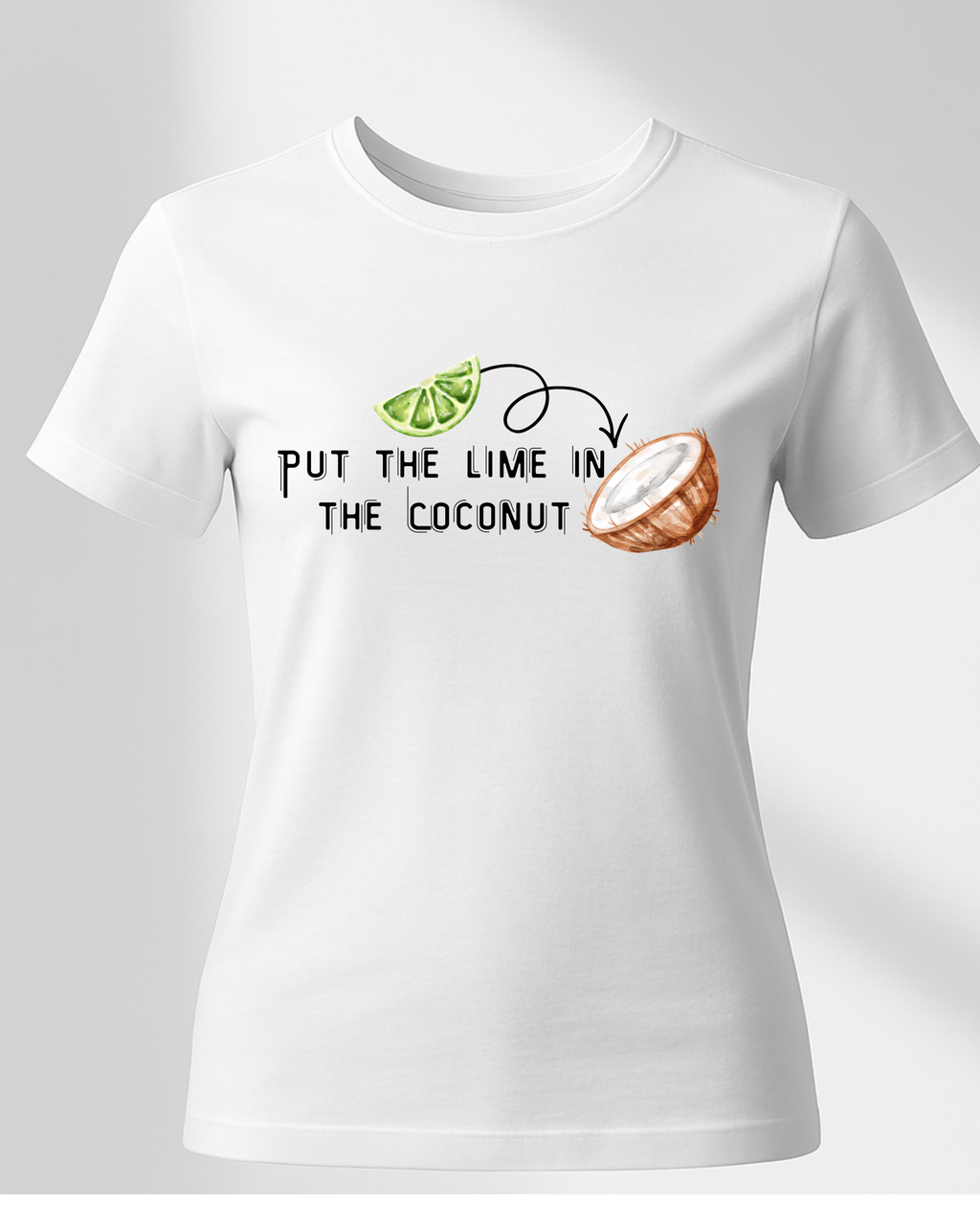 White t-shirt with a graphic design of a coconut and lime, text 'Put the lime in the coconut', on a light gray background.
