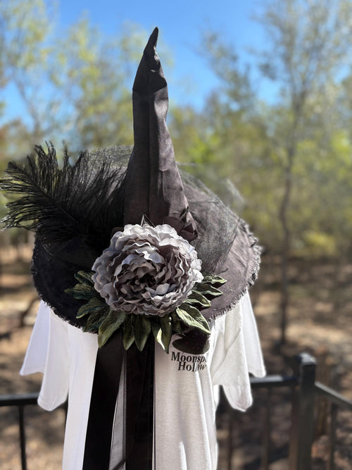 Witch Hat in Black & Grey with Skeleton Key and Feather |Gothic Cottacore Halloween Hat