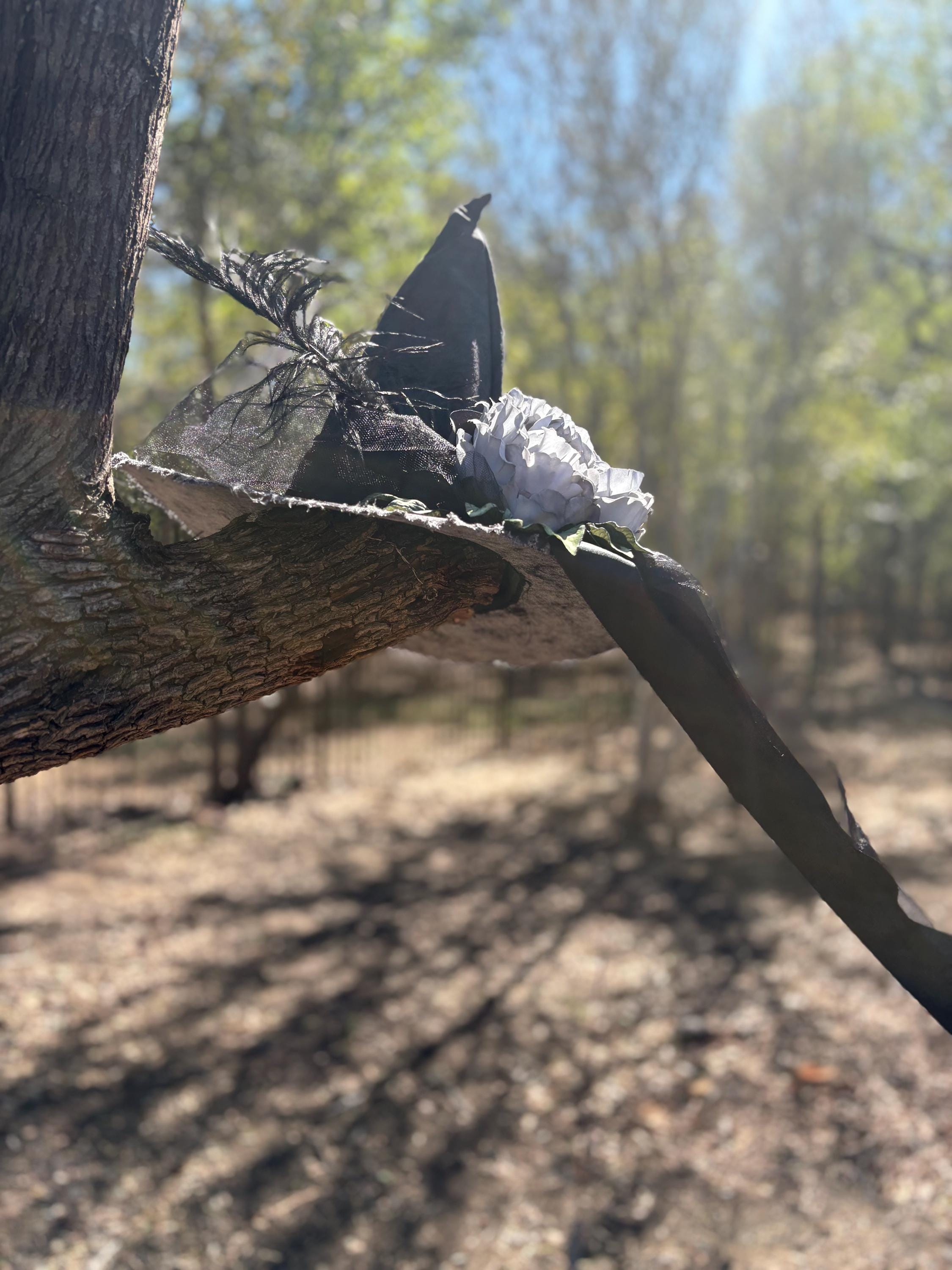 Witch Hat in Black & Grey with Skeleton Key and Feather |Gothic Cottacore Halloween Hat