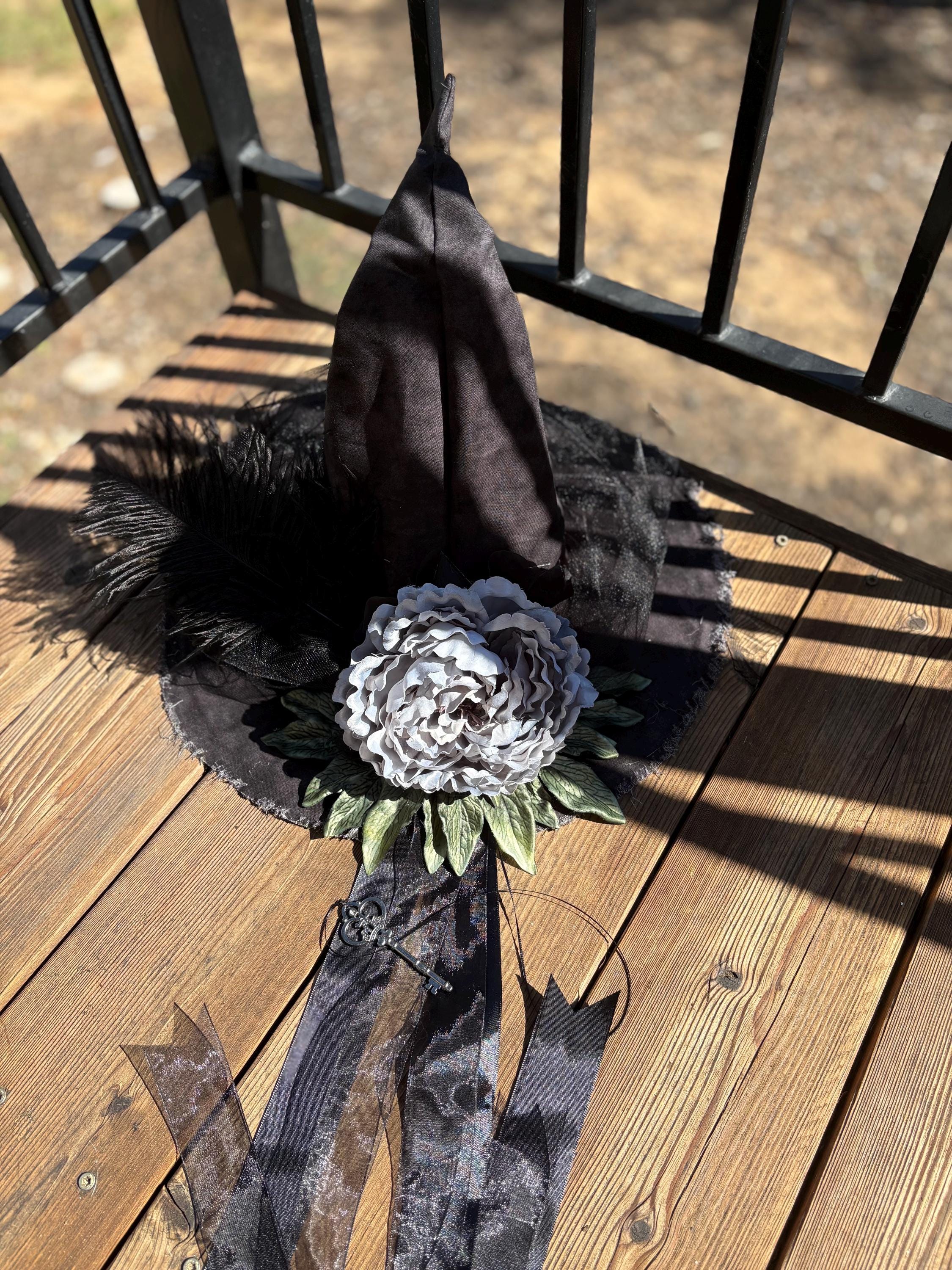 Witch Hat in Black & Grey with Skeleton Key and Feather |Gothic Cottacore Halloween Hat