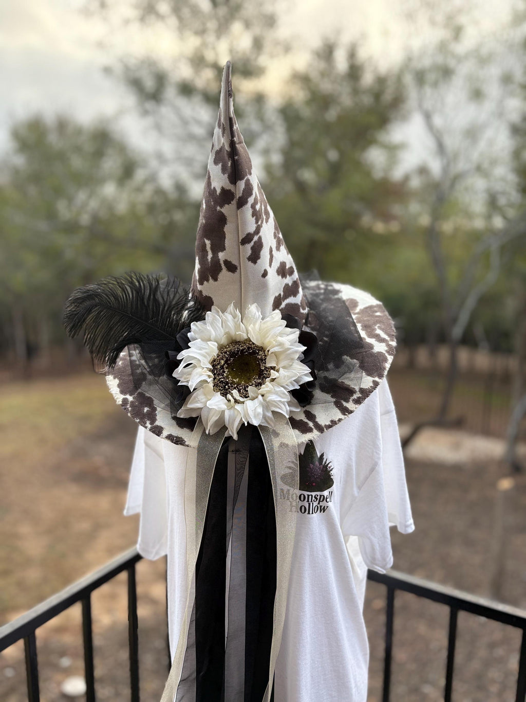 Witch Hat in Cow Print with Sunflower and Feather | Western Witch Costume | Witchy Elegance