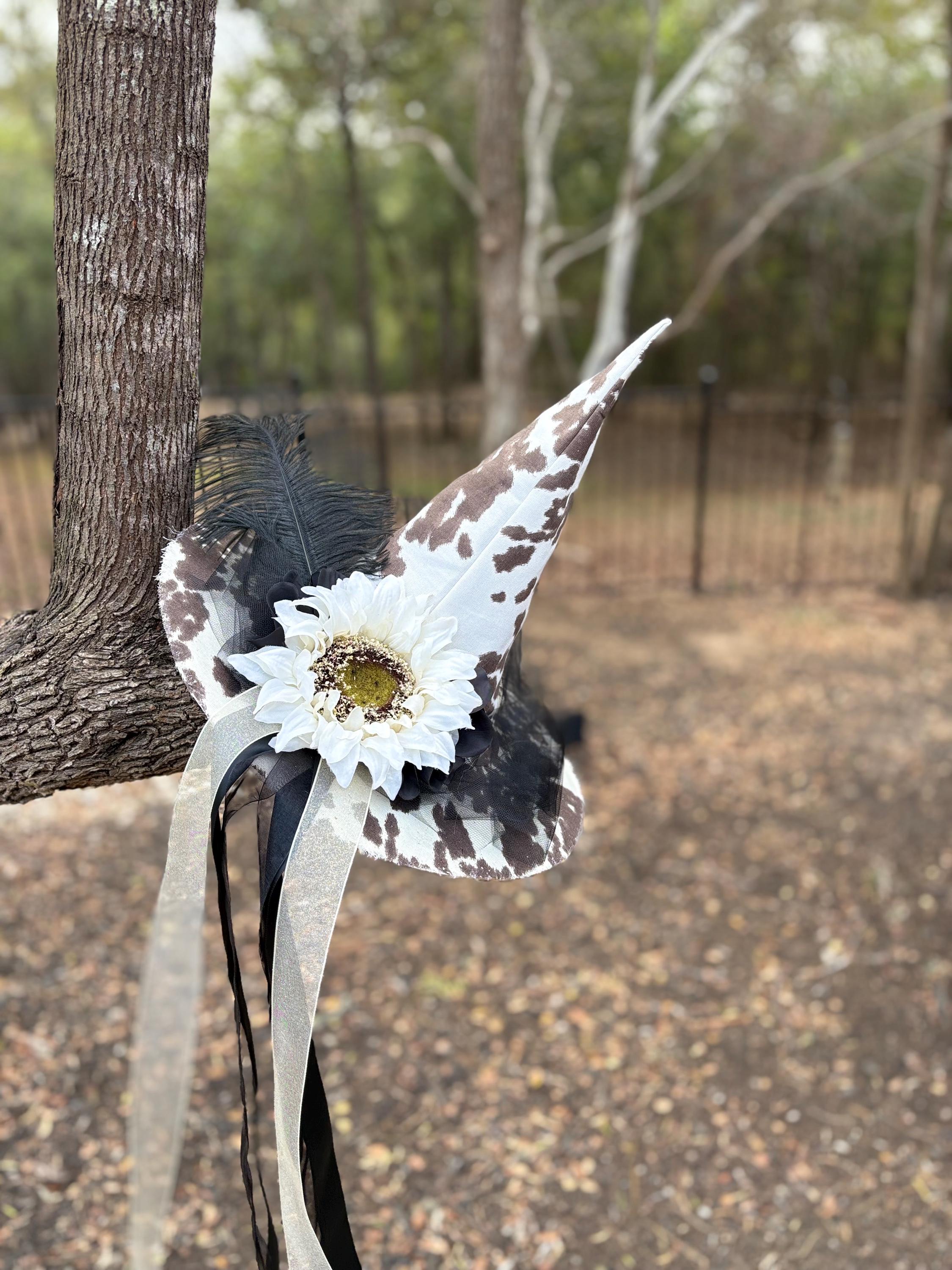 Witch Hat in Cow Print with Sunflower and Feather | Western Witch Costume | Witchy Elegance