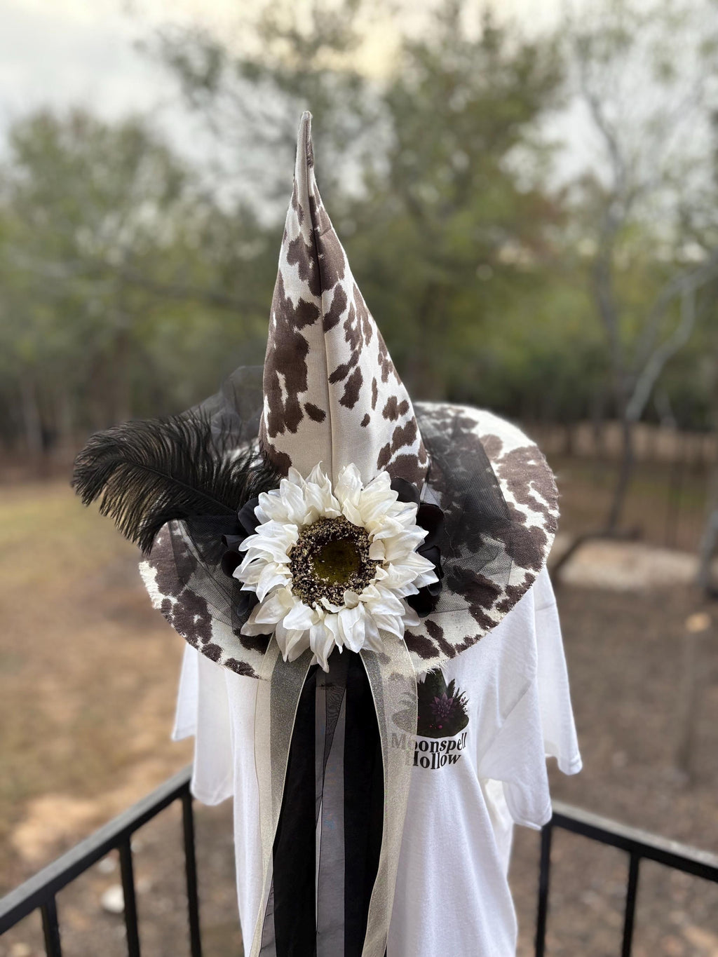 Witch Hat in Cow Print with Sunflower and Feather | Western Witch Costume | Witchy Elegance