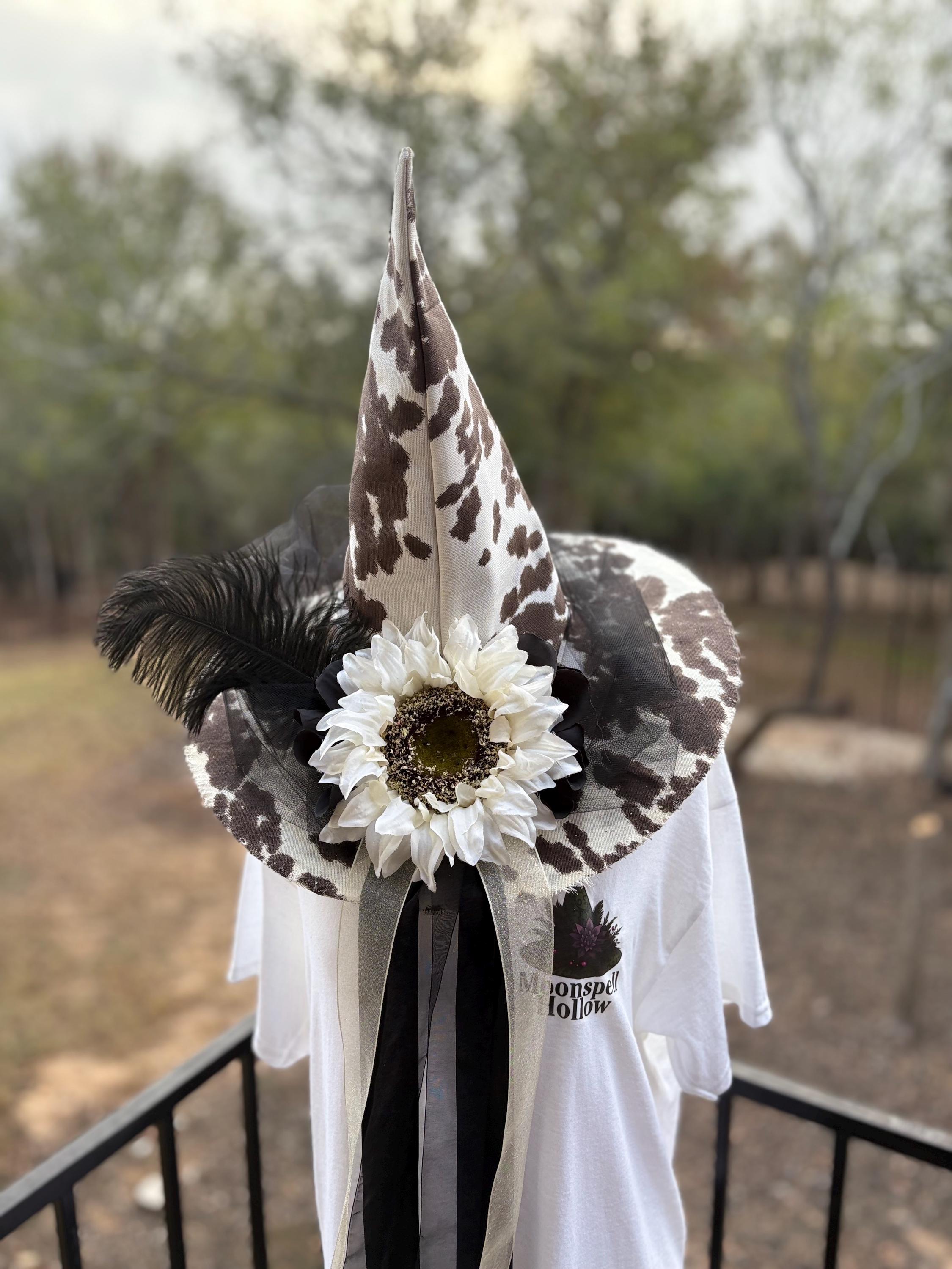 Witch Hat in Cow Print with Sunflower and Feather | Western Witch Costume | Witchy Elegance