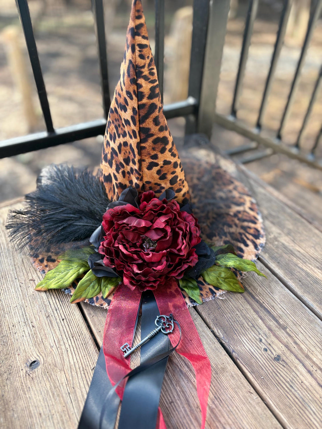 Witch Hat in Leopard Print | Handmade costume with vintage Key & Feathers| Witch Elegance