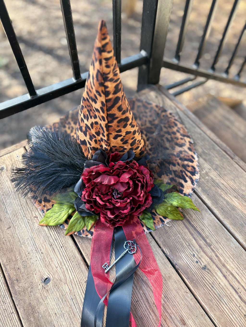Witch Hat in Leopard Print | Handmade costume with vintage Key & Feathers| Witch Elegance